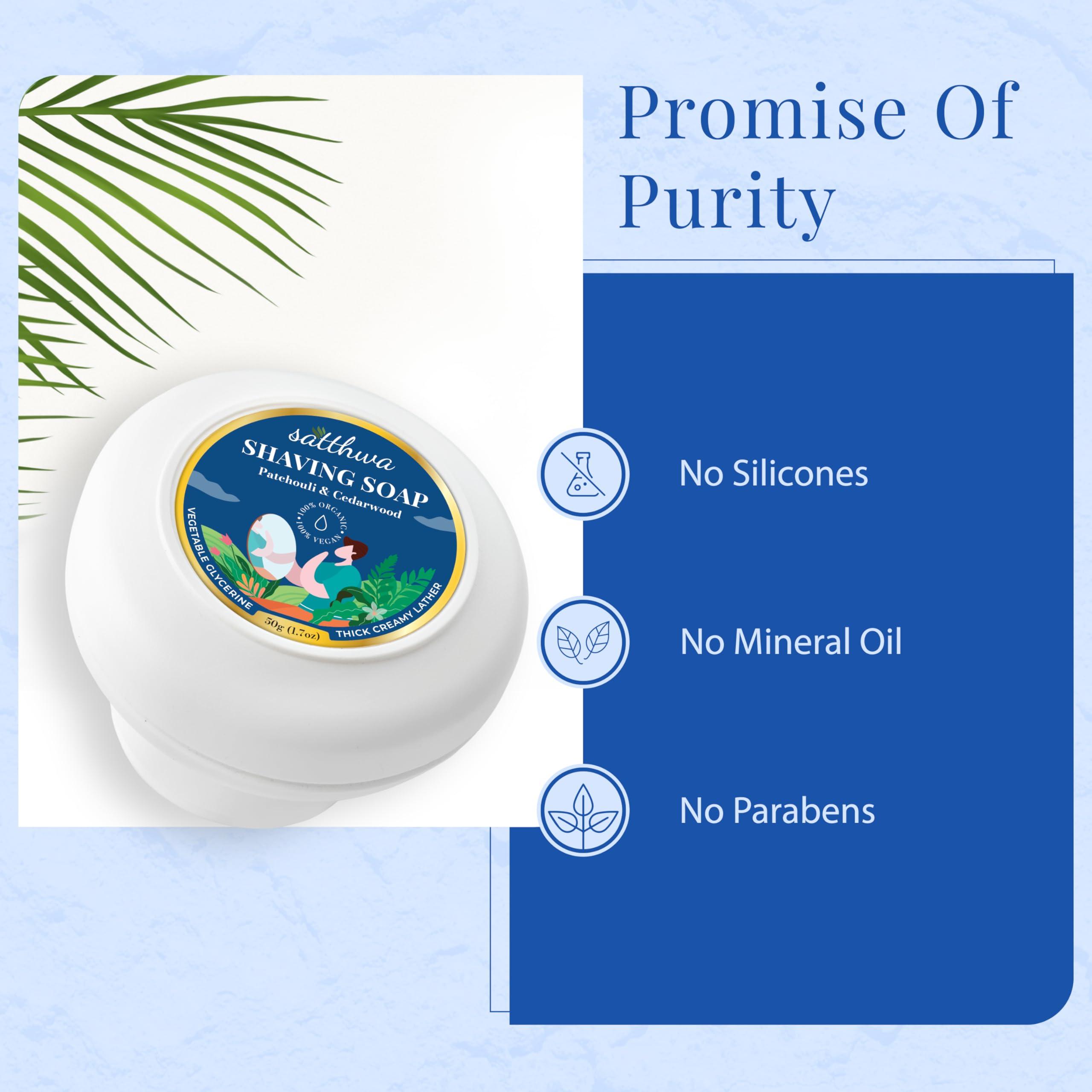 Satthwa Satthwa Organic Shaving Soap infused with Patchouli & Cedarwood | Create the Perfect Lather | Excellent for Silky Smooth Shaves | Hydrates and Shields, 50g (1.7oz)