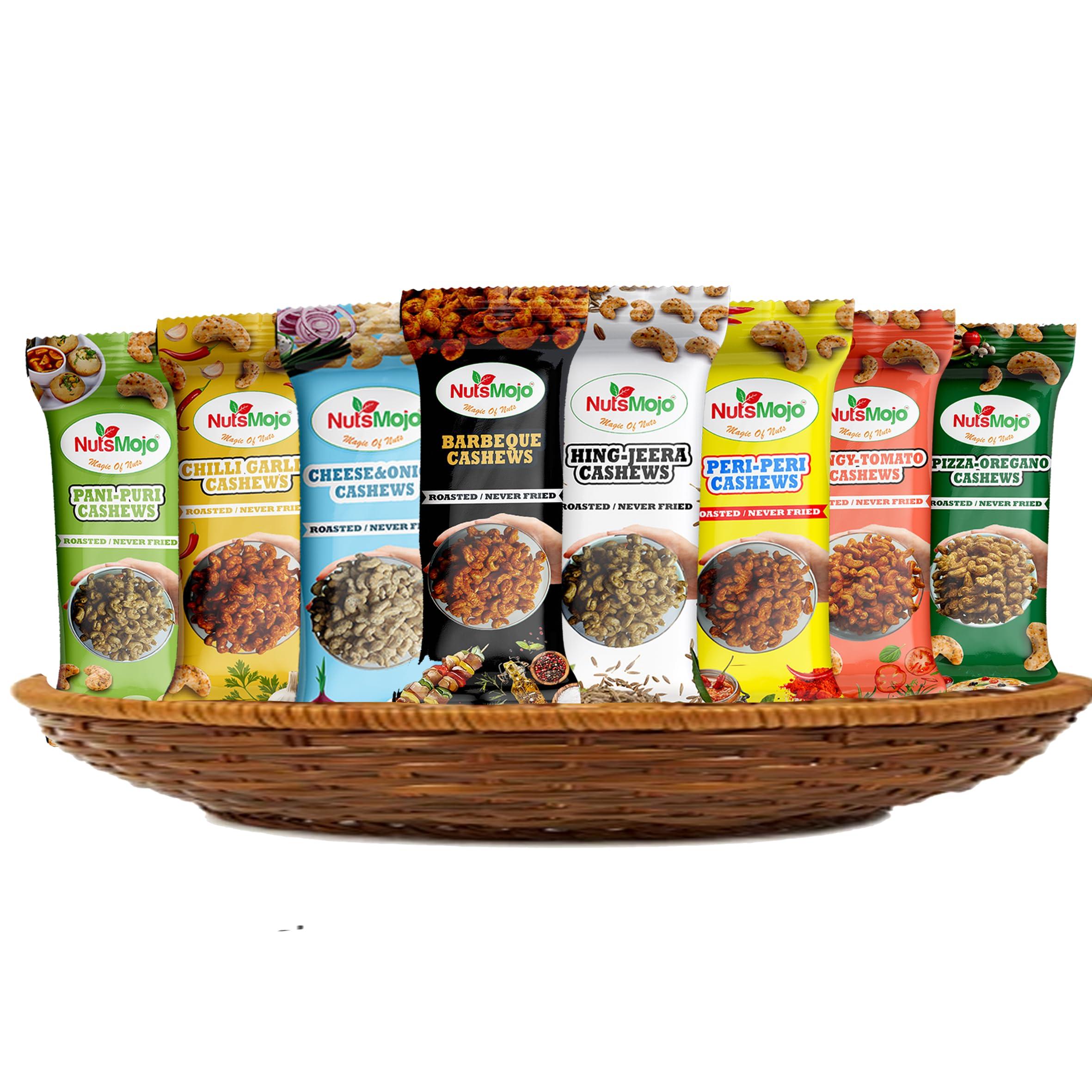 NutsMojo NutsMojo 8 Flavour Cashew Packets | Pack of 8 | Barbecue, Peri - Peri, Hing jeera, Pani - Puri, Chilli Garlic, Cream & Onion, Tangy Tomato, Pizza Oregano | Offer Pack