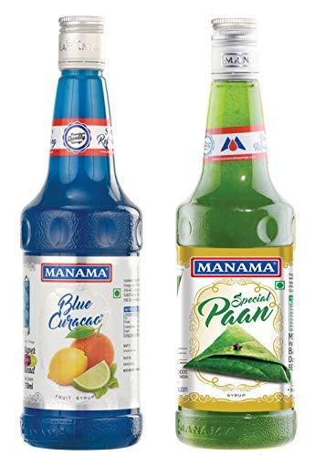 Manama Manama Blue Curacao Fruit Flavoured Syrup and Paan Flavoured Syrup, 750ML Each, Pack of 2