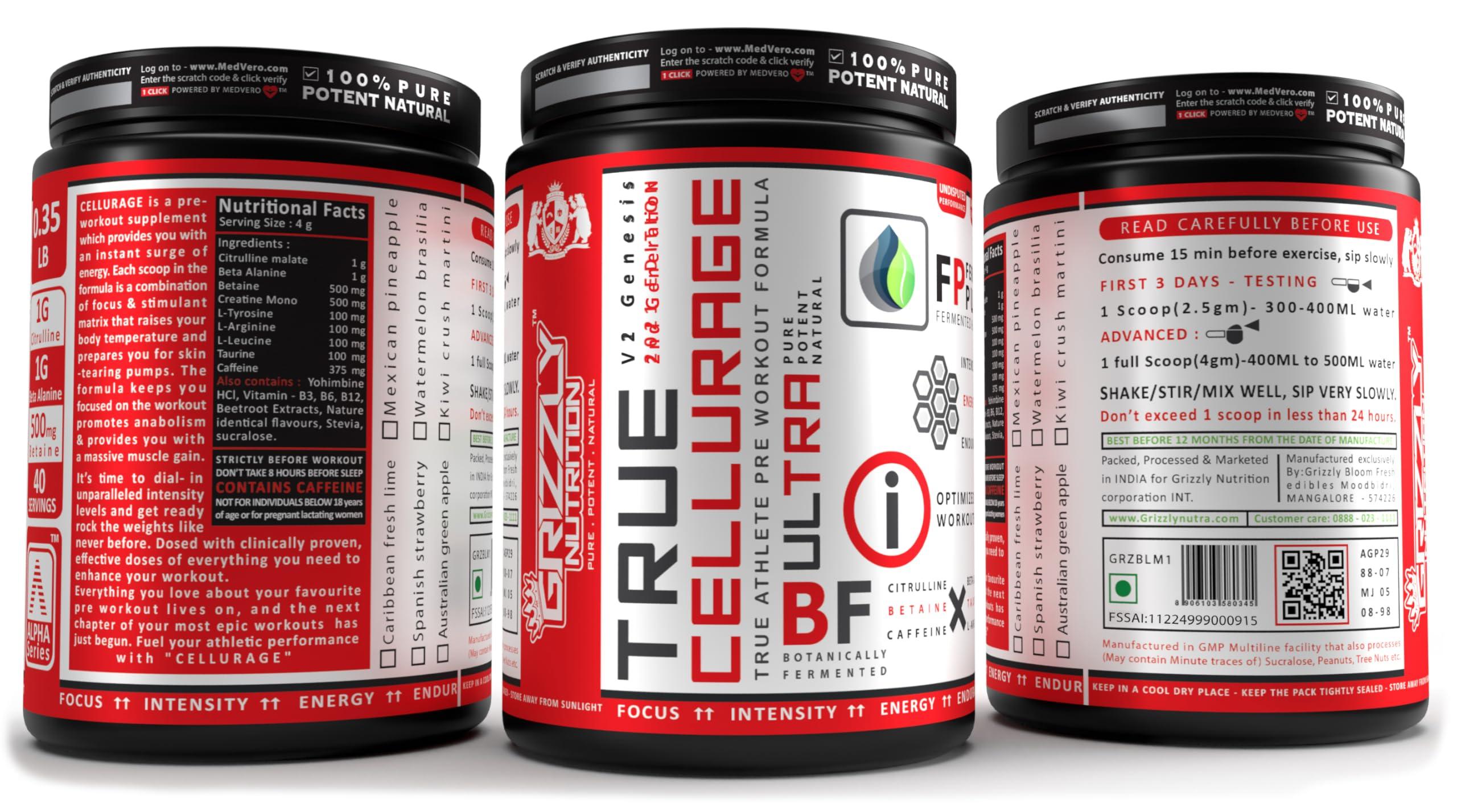 Grizzly Nutrition Grizzly Nutrition, True Cellurage, Pre Workout Powder, upto 65 Servings, citrulline, beta alanine, caffeine +13 performance boosters,160 grams (Watermelon Brasilia)