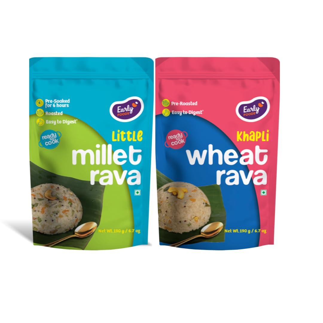 Early Foods Early Foods : Assorted Pack of 2 - Little Millet & Khapli Wheat Rava | Ready-to-Cook Millet Rava | Instant Breakfast Mix | Instant Millet Sooji | Roasted Millet Rava | Millet Idli Rava |