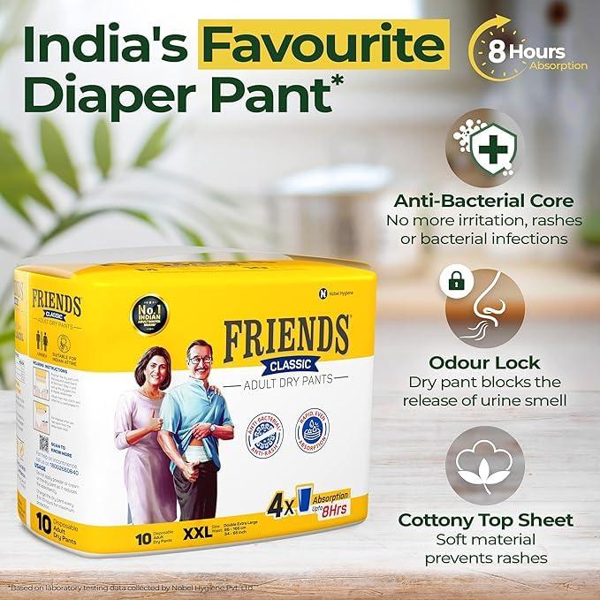 Generic Friends Classic Adult Diapers Pants Style -10 Count/Pack with odour lock and Anti-Bacterial Absorbent Core (Double Extra Large, 50 Count)