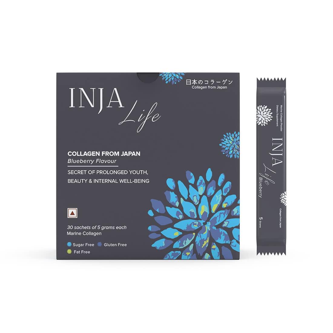 INJA Wellness INJA Wellness Life Marine Collagen Supplement Powder for Women & Men, Japanese Collagen with Original Formulation, Healthy Skin, Joints, Hair Growth, Zero Sugar, Blueberry Flavor, 150 gm