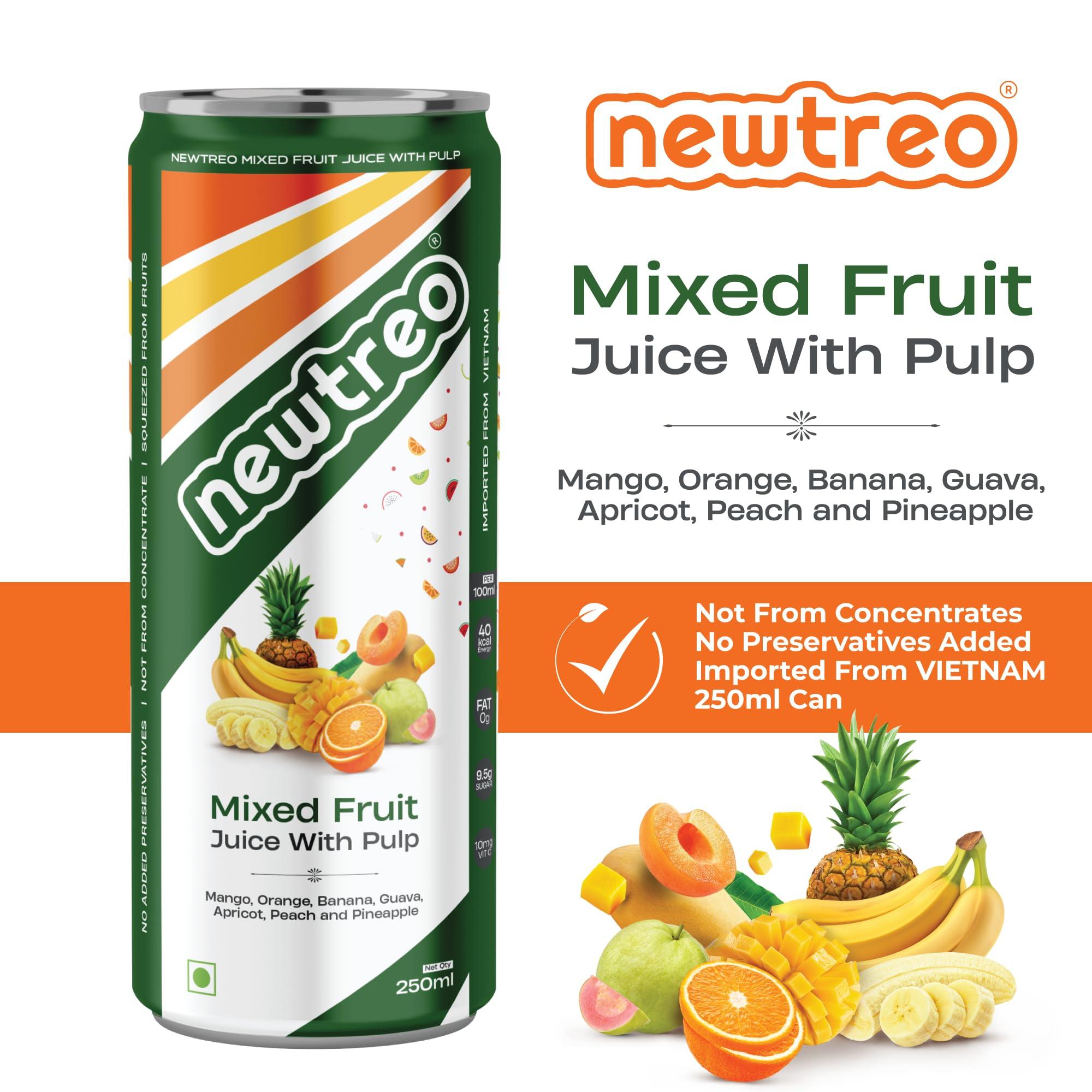 Newtreo Newtreo Mixed Fruit Juice With Pulp | Imported from Vietnam | Mango, Orange, Banana, Guava, Apricot, Peach & Pineapple Juice | 12 x 250ml cans | No Concentrates or preservatives added