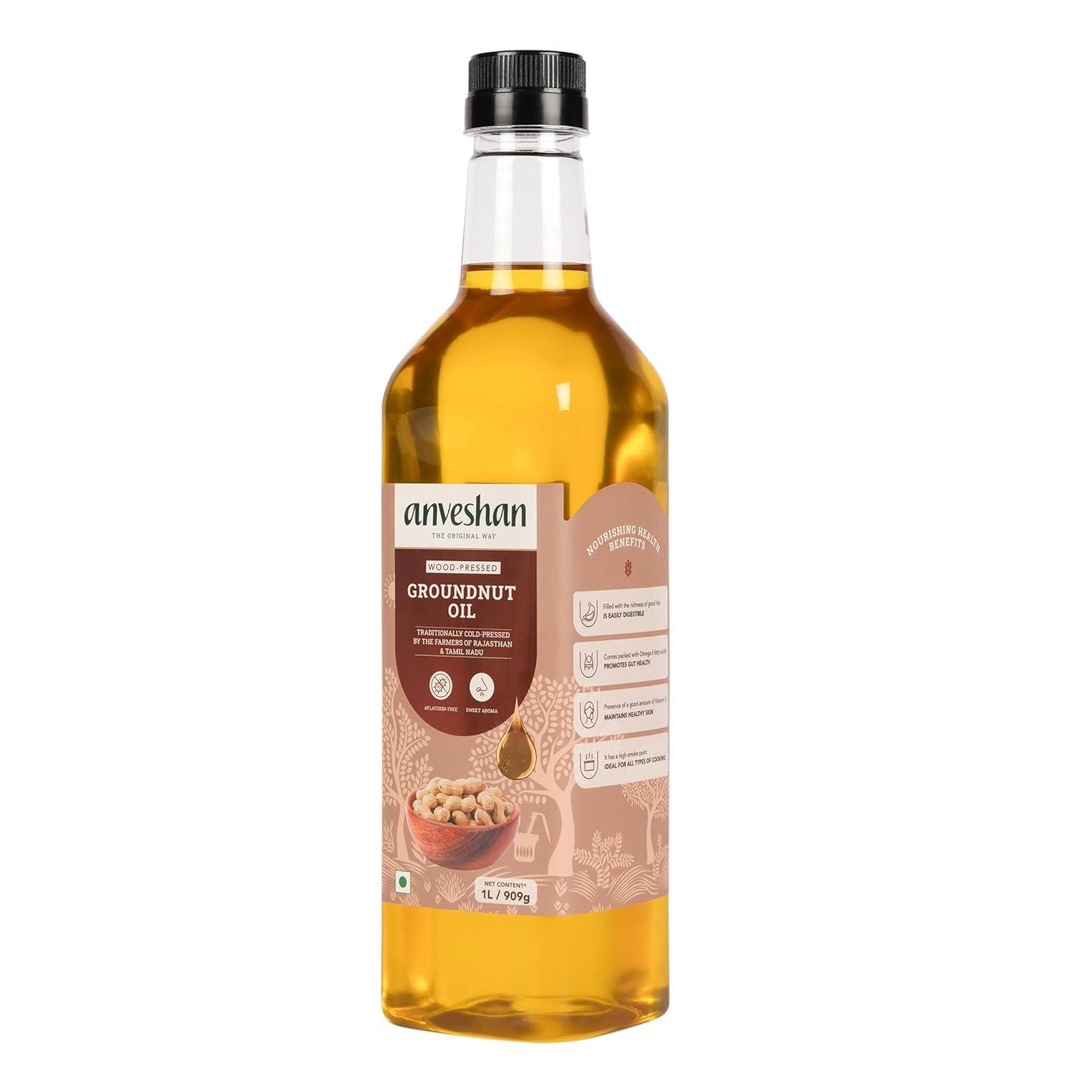 Anveshan Empowering farmers with technology Anveshan Wood Pressed Groundnut Peanuts Oil 1 Litre | Plastic Bottle | Kolhu/Kacchi Ghani/Chekku/Ganuga | Peanut Oil | Natural | Chemical-Free | Cold Pressed Groundnut Oil for Cooking