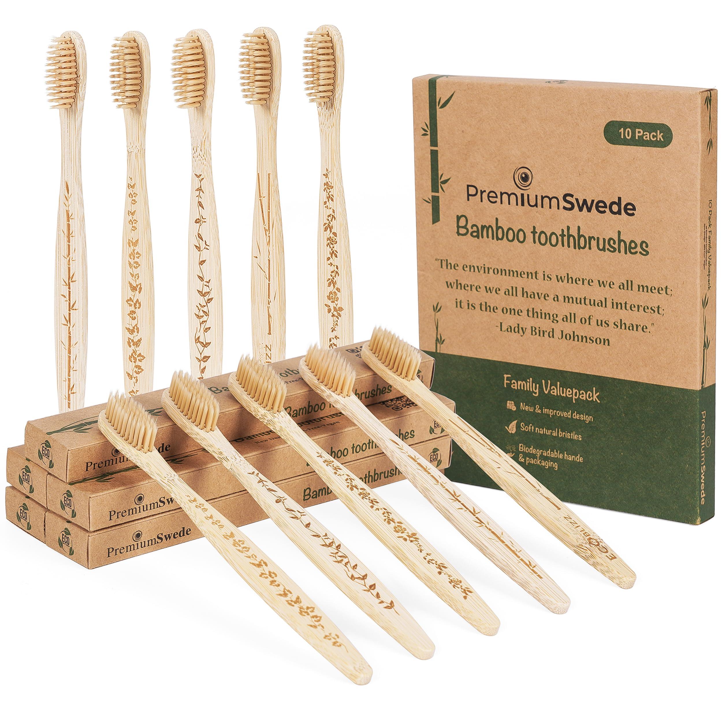 Premiumswede Bamboo Toothbrushes Biodegradable Eco Friendly - Natural Wooden Toothbrush with Soft Bristles - for Kids, Adults - Family 10 Pack