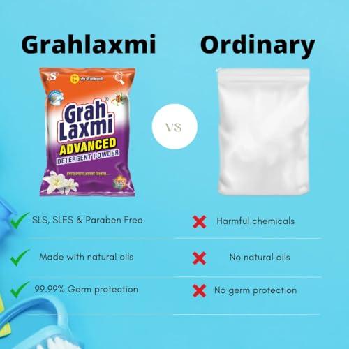 Grah Laxmi Grah Laxmi Advance Detergent Powder 3Kg Hand Wash & Top Load Machine | Remove 2X Tough Stains, Dirt & Malodour Washes | No-Bleach Mula | All Types Of Fabrics| Long Lasting Fragrance