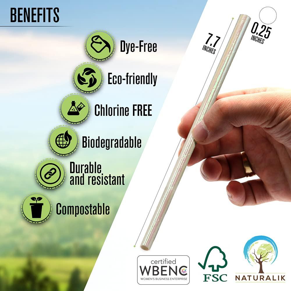 Naturalik Naturalik 100-Pack Extra Durable White Iridescent Paper Straws Biodegradable- Eco-Friendly Paper Straws- Drinking Straws Party supplies, 7.7\" (White Iridescent, 100ct)