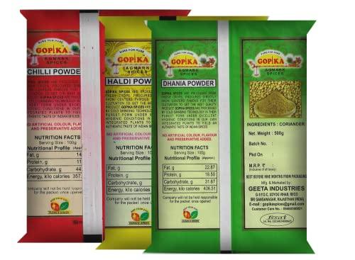 Generic GOPIKA SPICES | 100% Sure For Pure Combo Pack of Chilli Powder 500gm, Turmeric Powder 500gm, Coriander Powder 500gm, (Lal Mirchi, Haldi, Dhaniya) Pack Of 3 Each 500gm