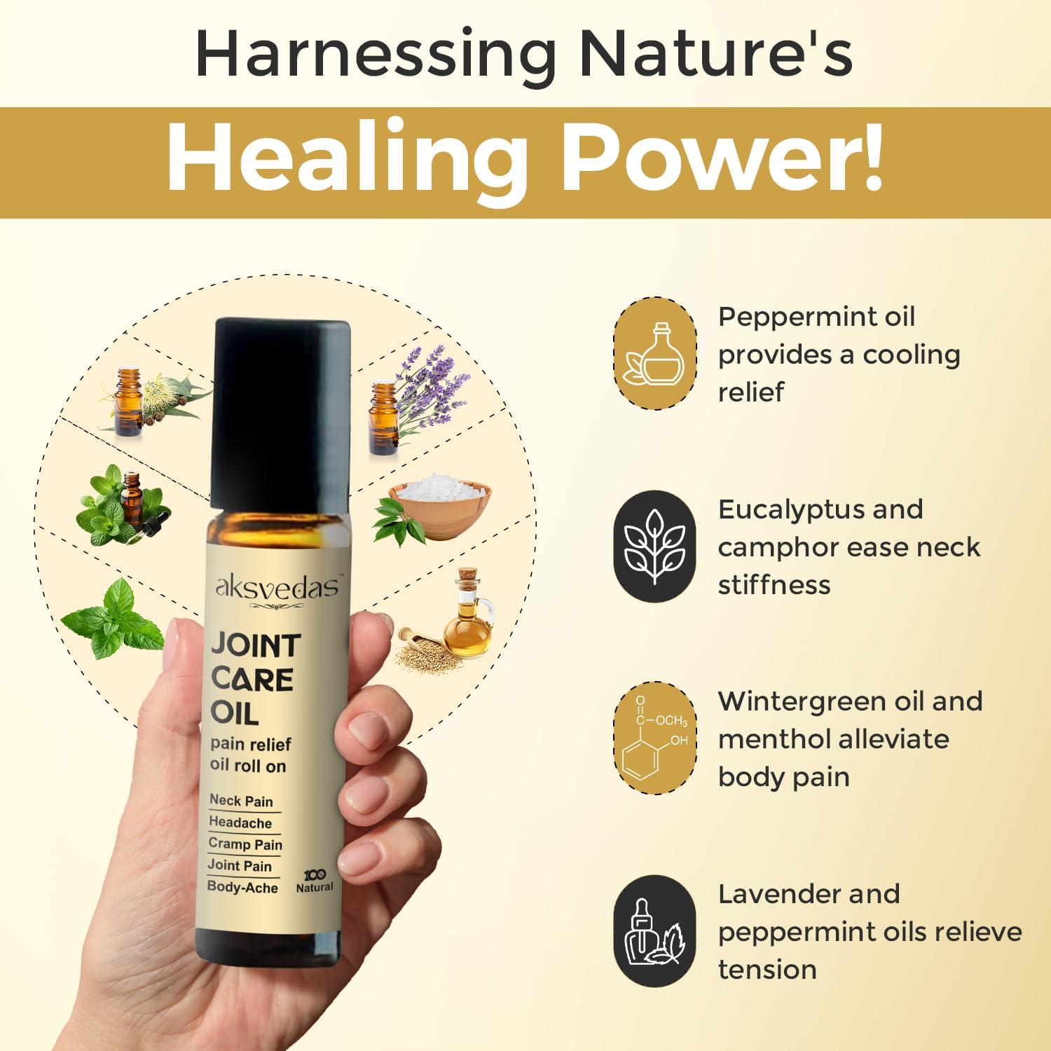 aksvedas Aksvedas Joint Care Oil | Pain Relief Oil Roll On | Ayush Approved Joint Care Oil | Neck Pain | Headache | Cramp Pain | Body Ache | Knee Pain | Back Pain Relief Oil | 10ml + 10ml (Buy One Get One)
