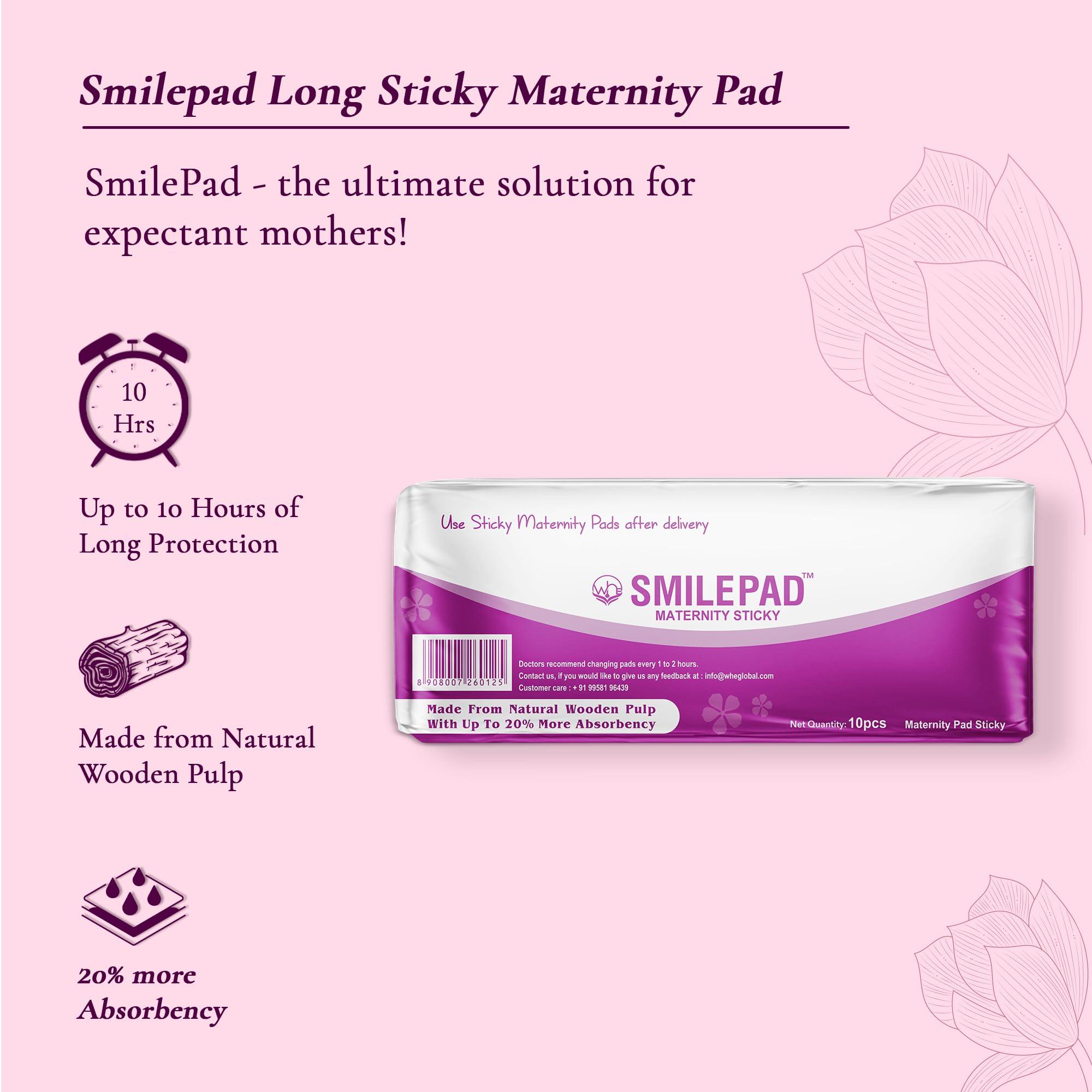 SMILE PAD Smilepad Sticky Maternity Pads for Women Post Pregnancy, Soft and Rash Free, Pack of 10 Delivery Pads - Perfect for Heavy Postpartum Bleeding, Active Moms, C-Section Recovery, Sensitive Skin