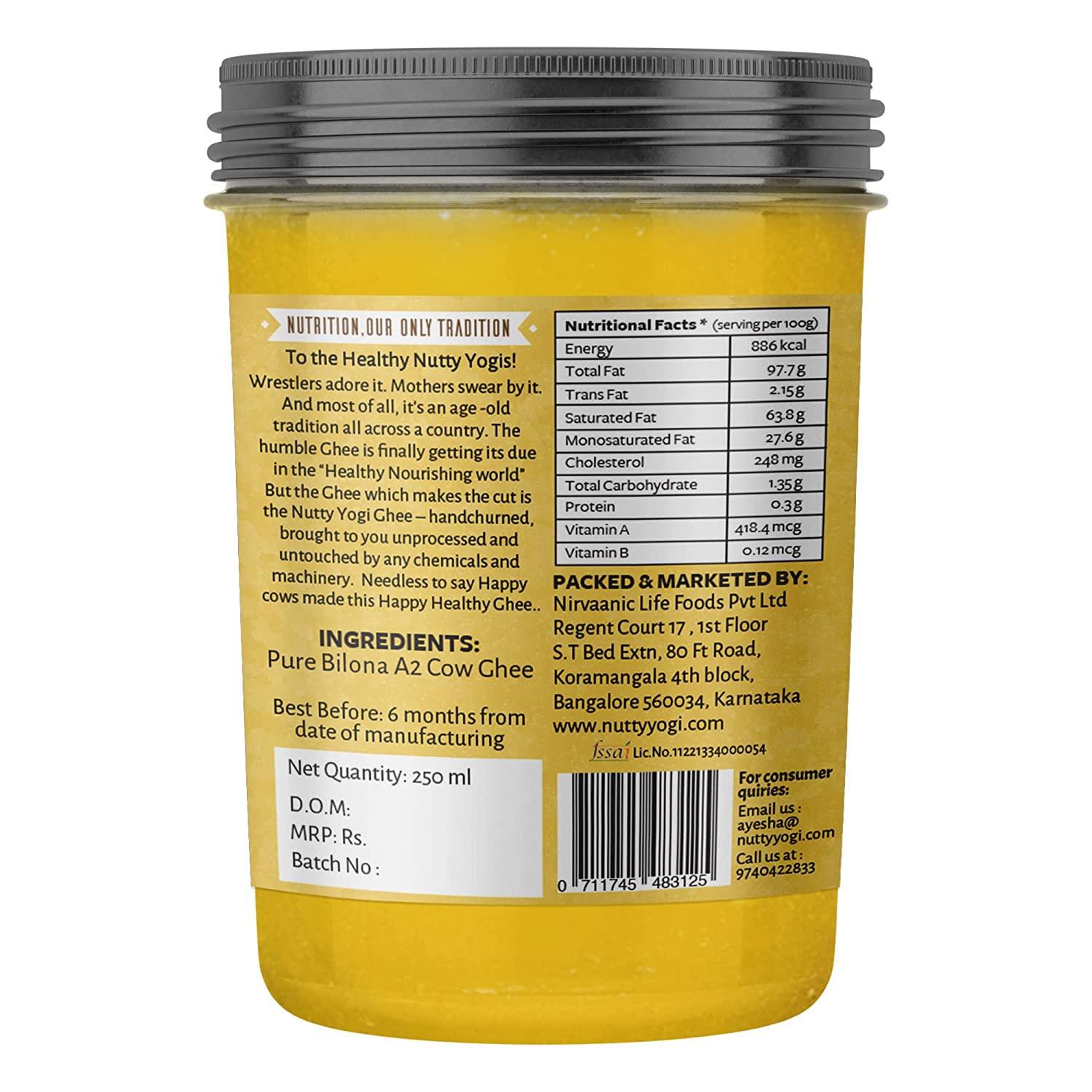 NUTTY YOGI Nutty Yogi Pure Bilona A2 Desi Cow Ghee 250ml | 100% Natural & Organic Ghee l Grassfed, Cultured, Premium & Traditional Ghee | Immunity Booster | Pure Ghee Handmade in Small batches I Bilona Method