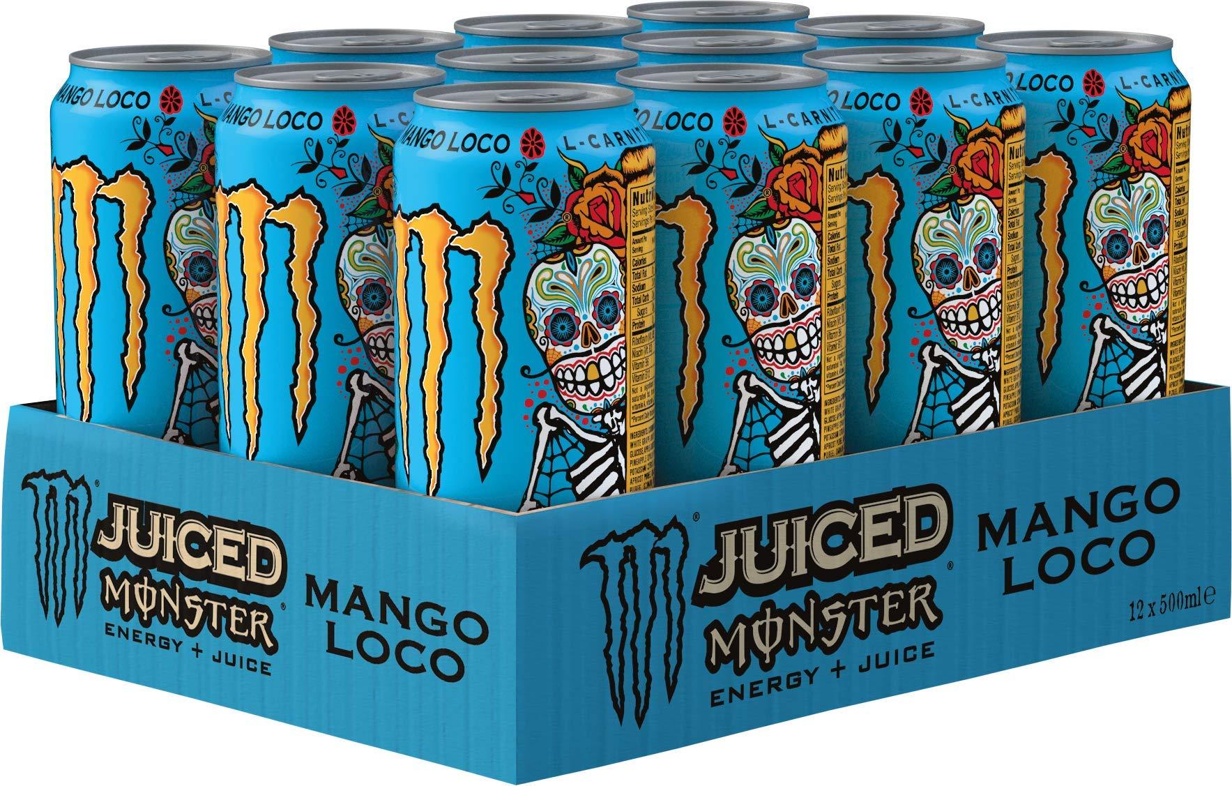 Monster Energy Monster Mango Loco Energy + Juice Carbonated Energy Drink | L-Carnitine + Inositol + B Vitamins + Taurine, 16.91 fl oz 500 ml, 12 Pack