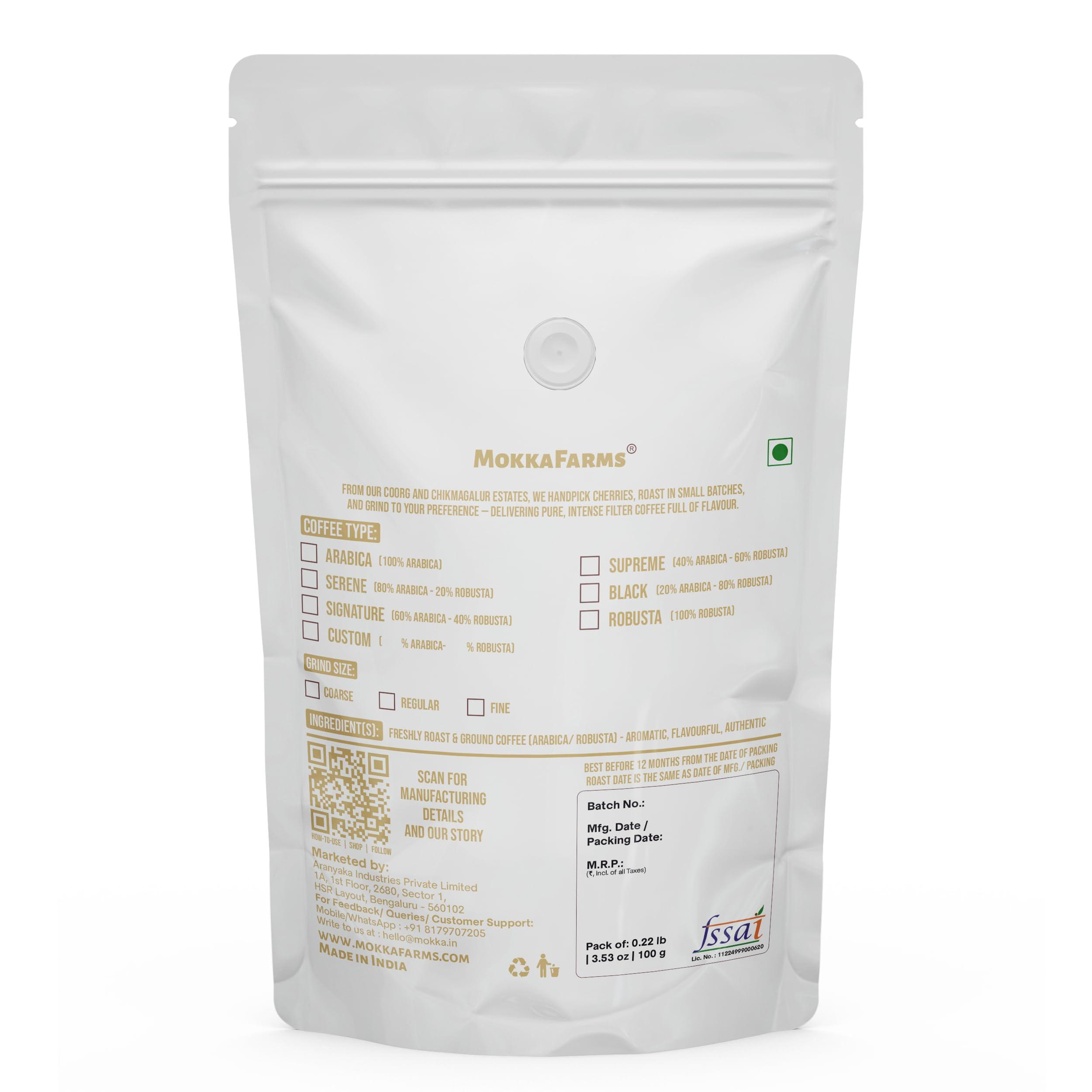 MOKKAFARMS MokkaFarms Traditional South Indian Filter Coffee - 100% Pure Arabica 100g | 0% Chicory | Fresh Roast & Ground, Pure, Rich, Flavor, Aroma | Farm to Fork, Estate Coffee | One-way Valve Zip-lock Bag |