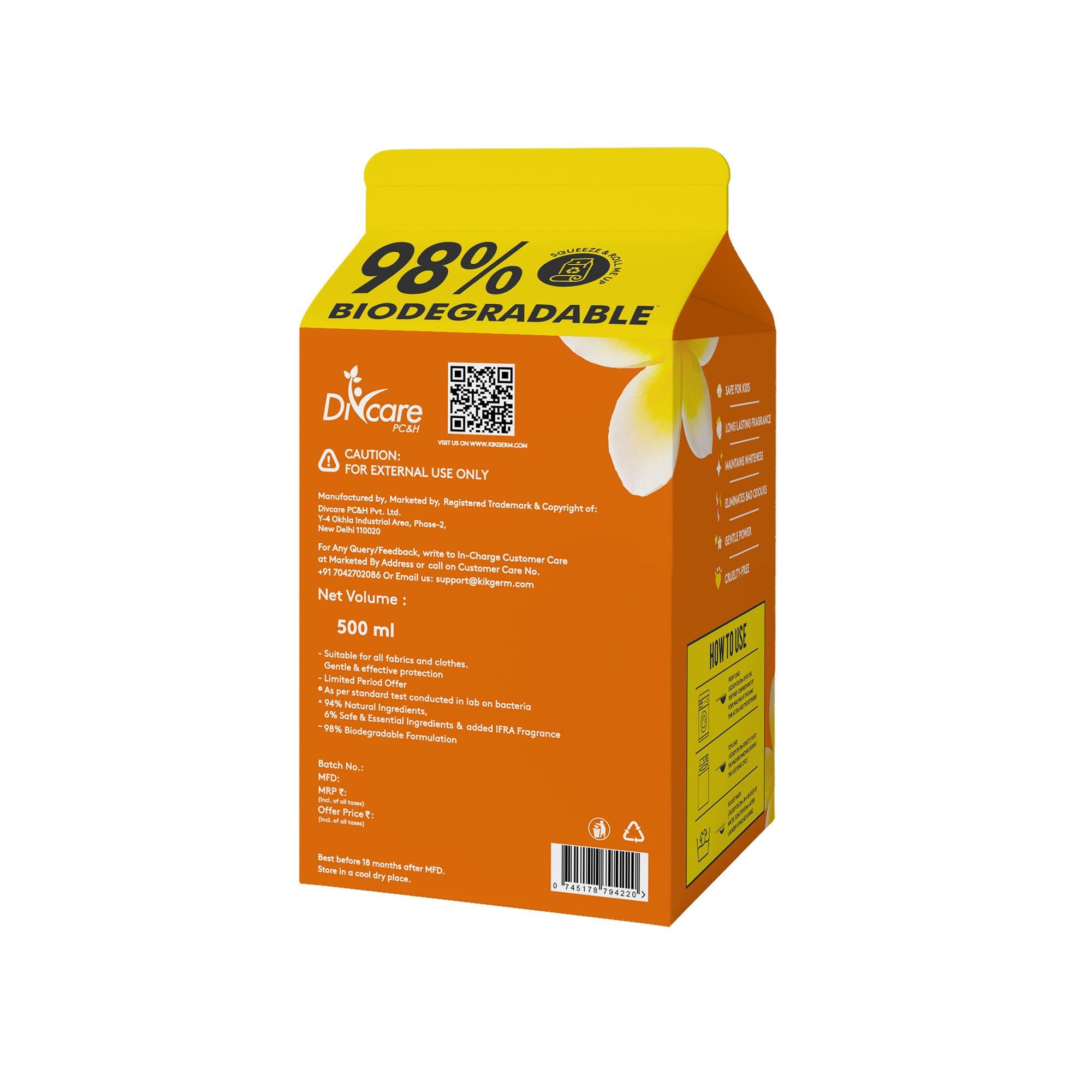 KIKGERM Kikgerm Plant Based Fabric Conditioner & Fabric Softener - Natural, Eco-friendly, Non-toxic, Chemical-free, Biodegradable - Kids Safe, Skin Safe - Long Lasting Fragrance & Softness - 500ml(Pack of 1)