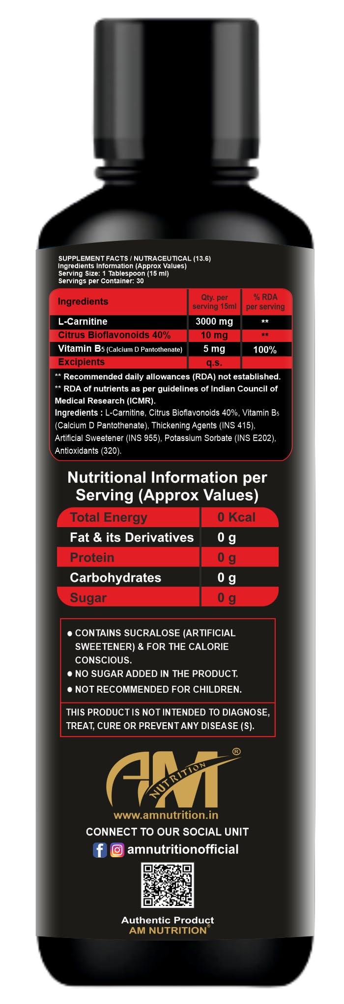 AM NUTRITION AM NUTRITION L-Carnitine 3000mg With Vitamin B5 | Zero Sugar, Zero Carb | Helps Convert Fat Into Energy | Pre & Post Workout Supplement For Men & Women- 450 Ml (30 Servings) (Blueberry)