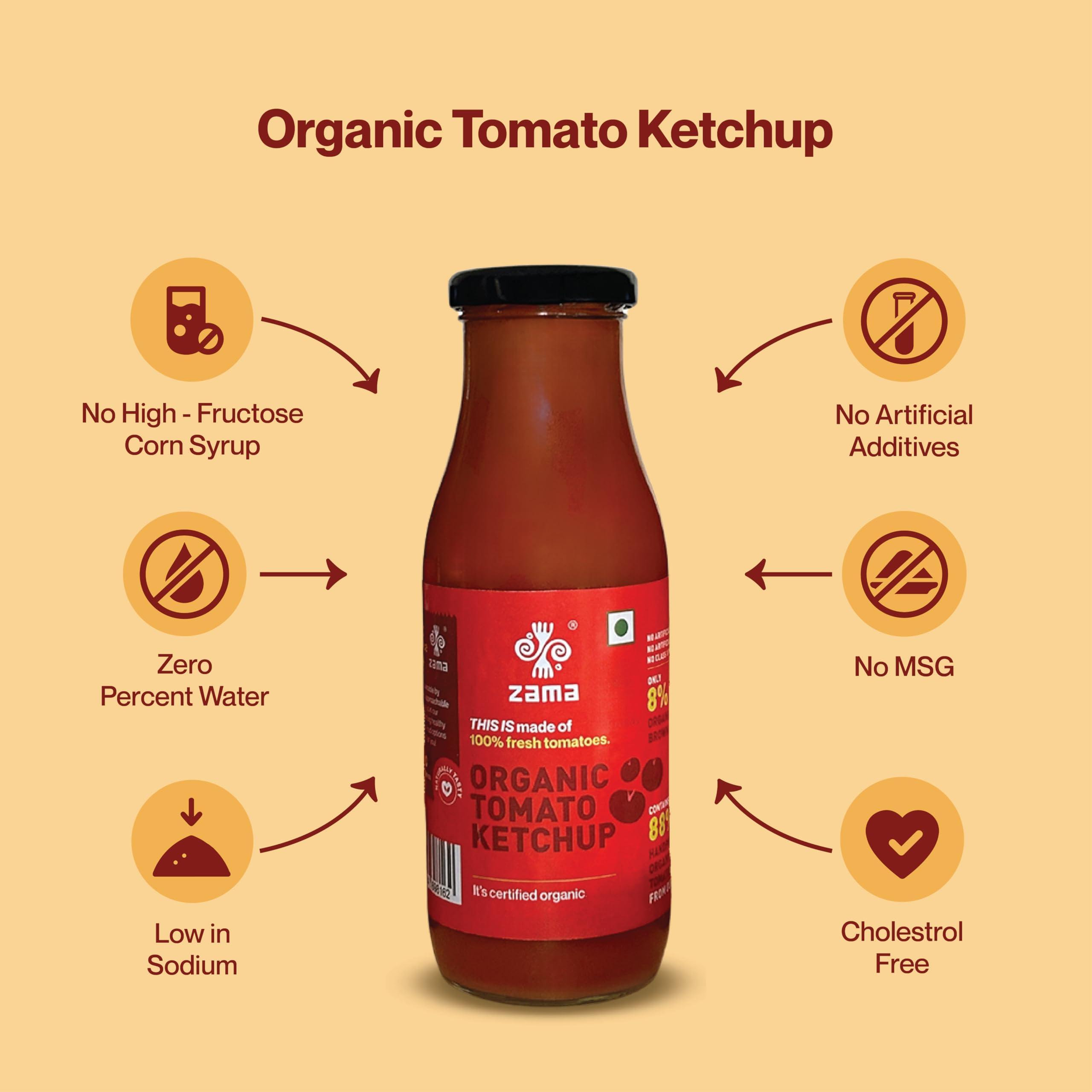 Zama Zama Organics Tomato Ketchup 300g Glass Bottle | Tomato Sauce | Organic ingredients | Organic Tomatoes | Tangy And Raw Flavour | Traditionally produced | No artificial Dyes and flavours