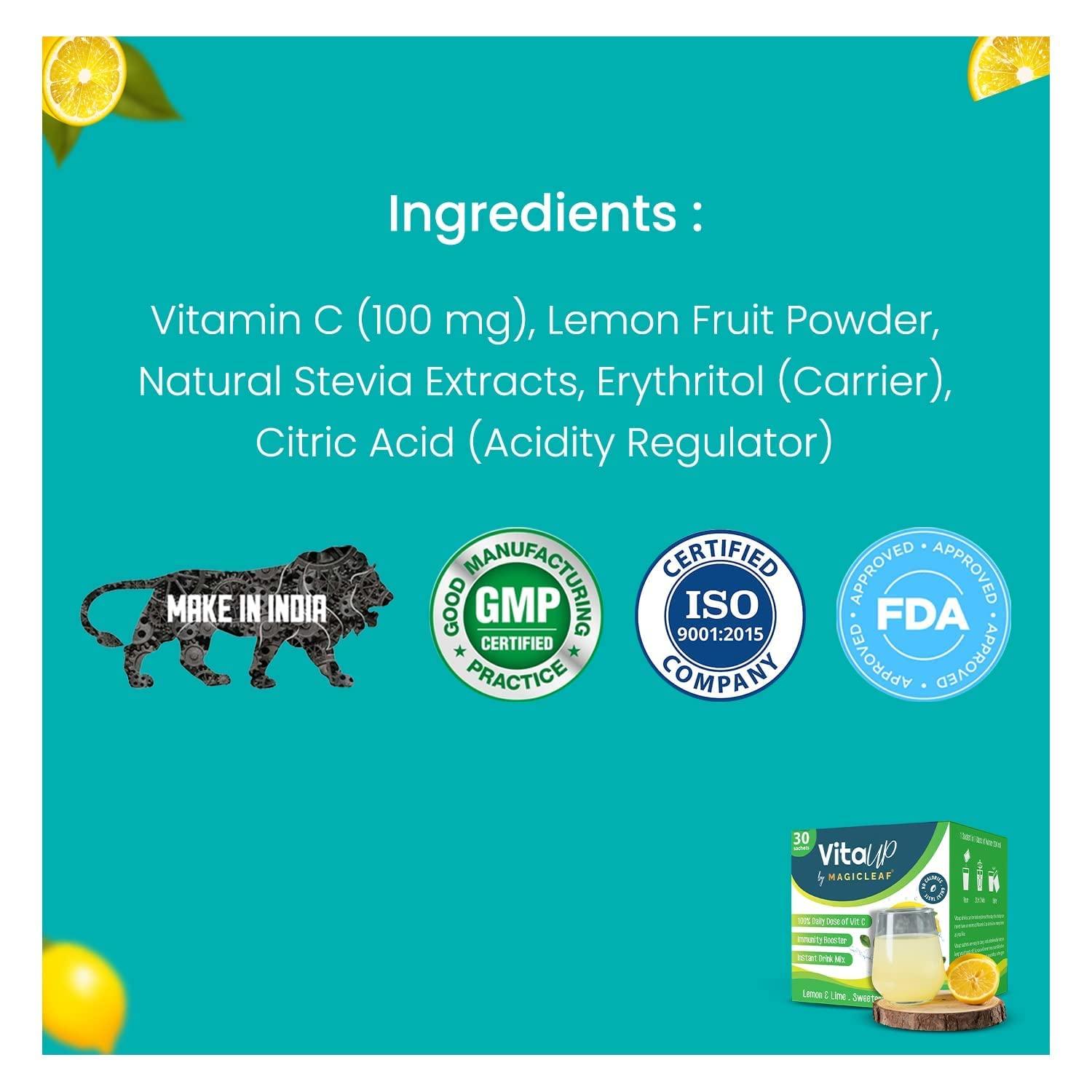 Magic Leaf Magic Leaf Stevia VitaUp to Boost Immunity and Skin Health, Lemon, Vitamin C Powder, 100% Natural Sweetened with Stevia, Safe for Diabetic Patients & Kids, Pack of 2 (30 Sachets Each)