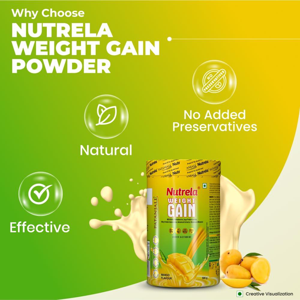NUTRELA Nutrela Weight Gainer Powder - 500 gram, Mango Flavour | 20g Protein, 66.8 Carbs, 13 Vitamins & 12 Minerals with Khandsari Sugar | Ideal for Athlete, Men, Women & Kids above 10 Year