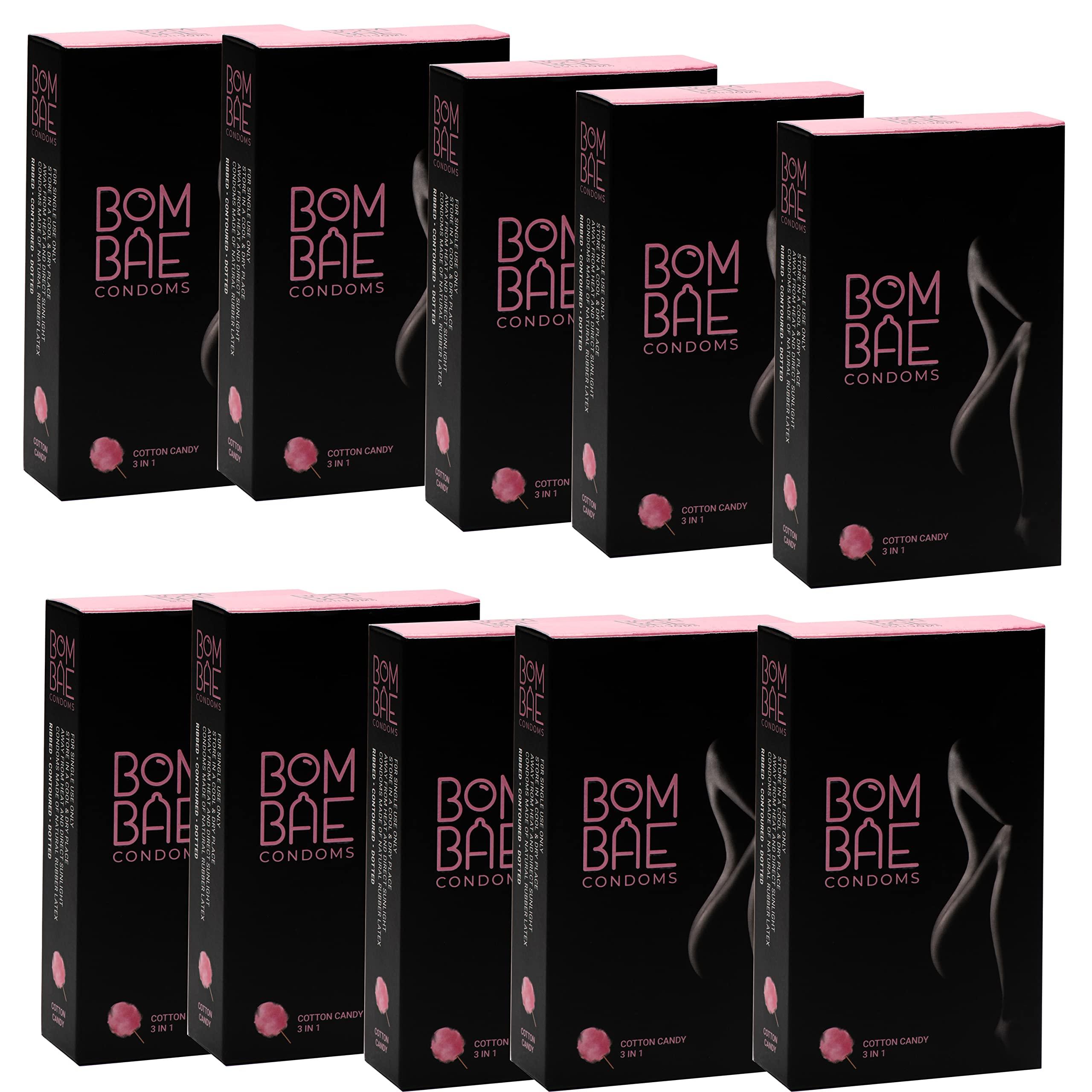 BOMBAE BOMBAE condoms Cotton Candy 3 in 1, Pack of 10 condoms for men family pack flavour Combo Pack of 10 (10 pieces per pack) 100 dotted condom combo pack offer men extra dotted, ribbed