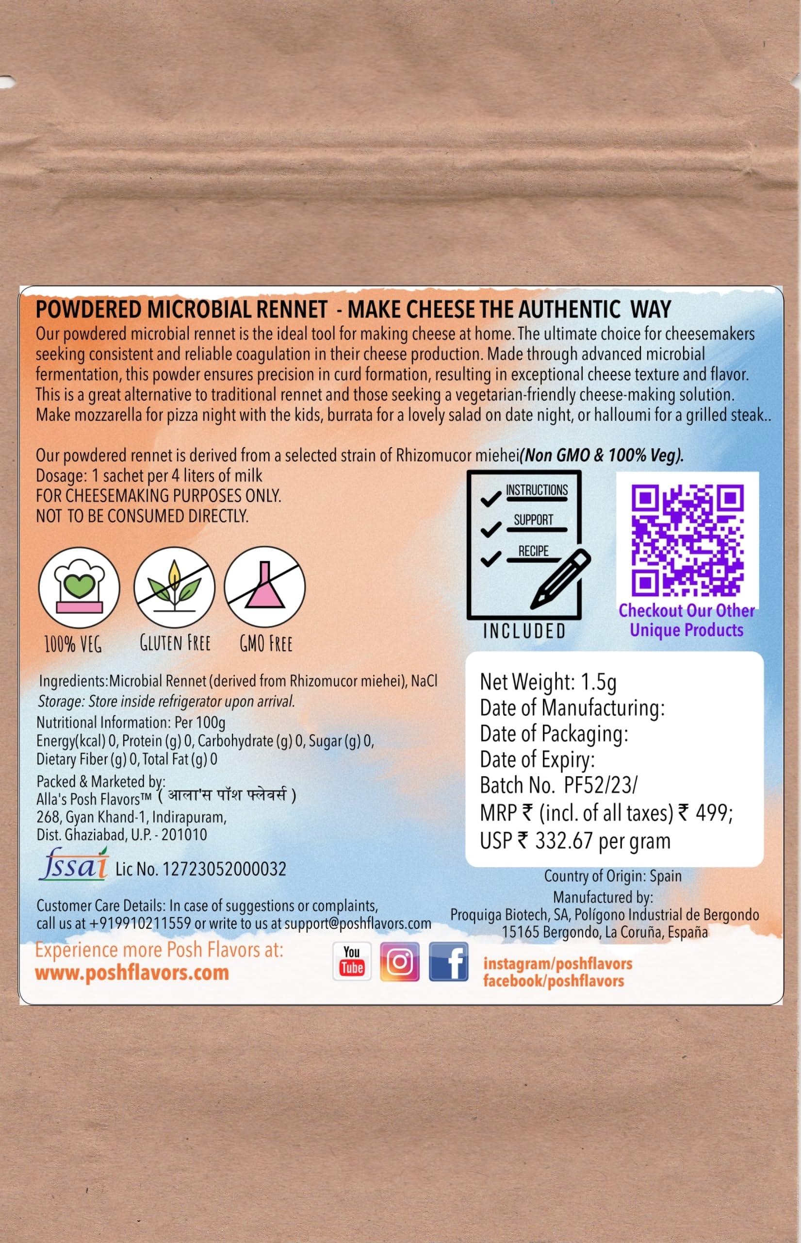 Alla's Posh Flavors Alla's Posh Flavors Powdered Vegetarian Rennet | 5 Convenient Sachets | Non-GMO | Gluten-Free | 100% Veg | Make Cheese Easily at Home (20 litres Milk)