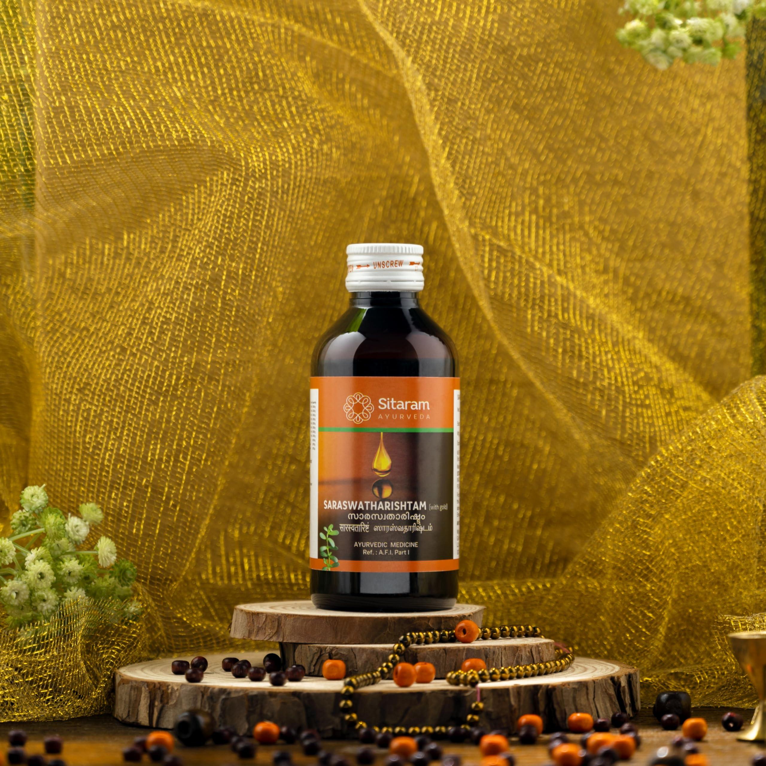 SITARAM Sitaram Ayurveda Saraswatharishtam With Gold 200ml syrup| Kerala Ayurvedic Saraswatarishta Supplement With Brahmi And Ashwagandha.