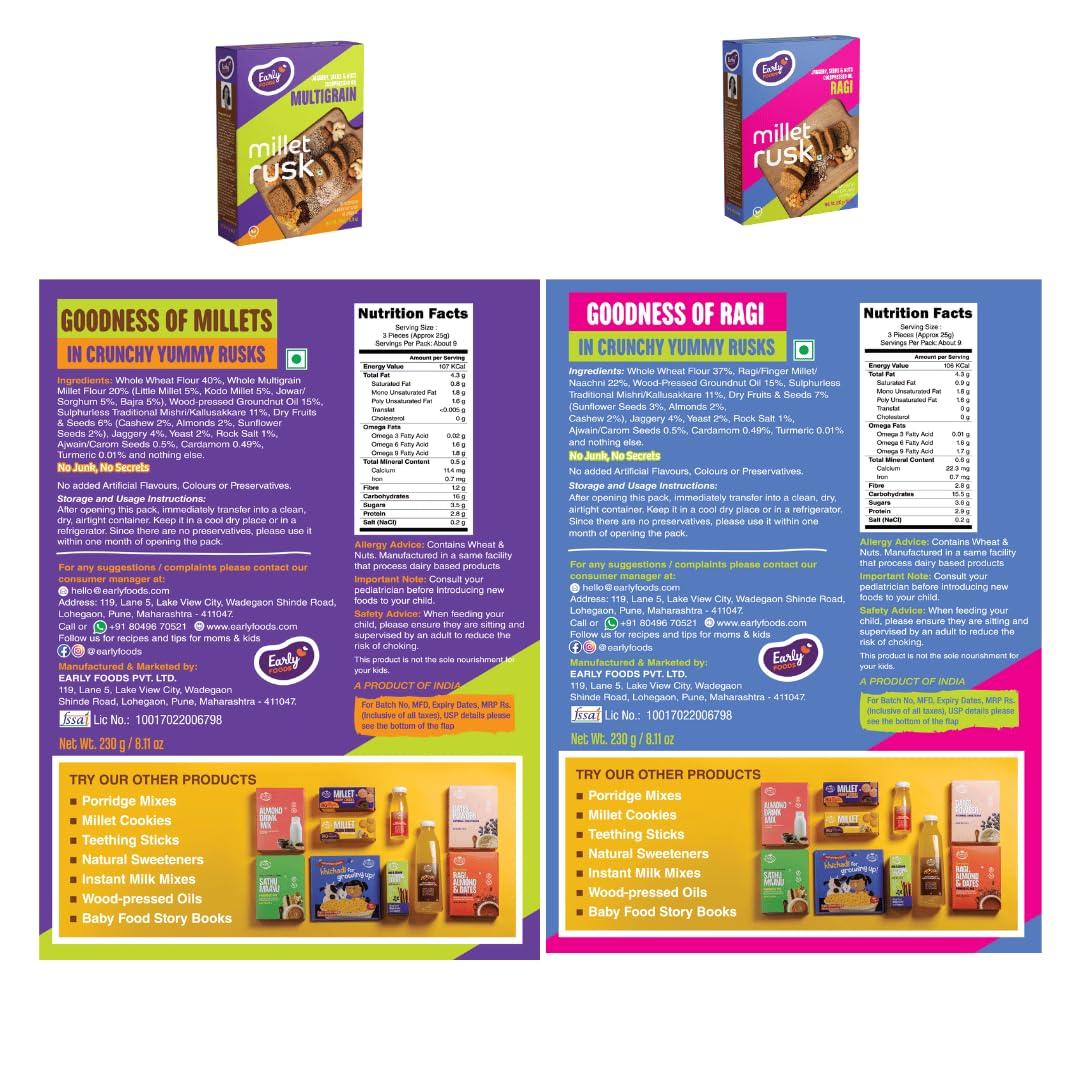 Early Foods Early Foods Assorted Pack of 2: ZERO Maida Ragi Rusk & Multigrain Rusk | Sugarfree Millet Rusk with Jaggery | Millet & Atta Rusk No Maida | Kids Snack | 230g x 2