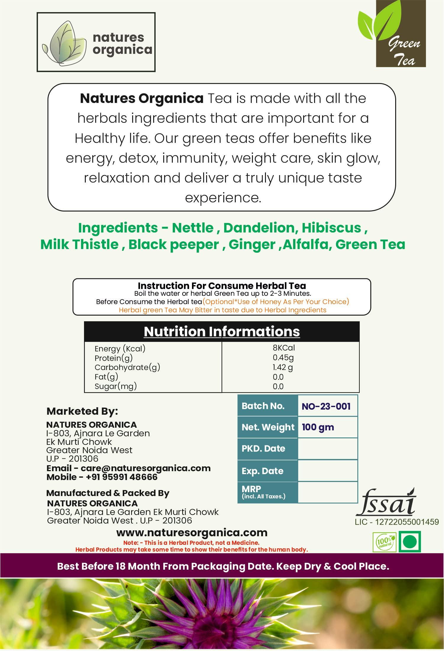 Natures Organica Natures Organica Uric Acid Care Green Tea- Reduce your Gout pain, Blend of Goodness of Milk Thistle, Hibiscus Leaves, Nettle Leaves, Dandelion Root -100% Natural (100gm, Pack of 1)