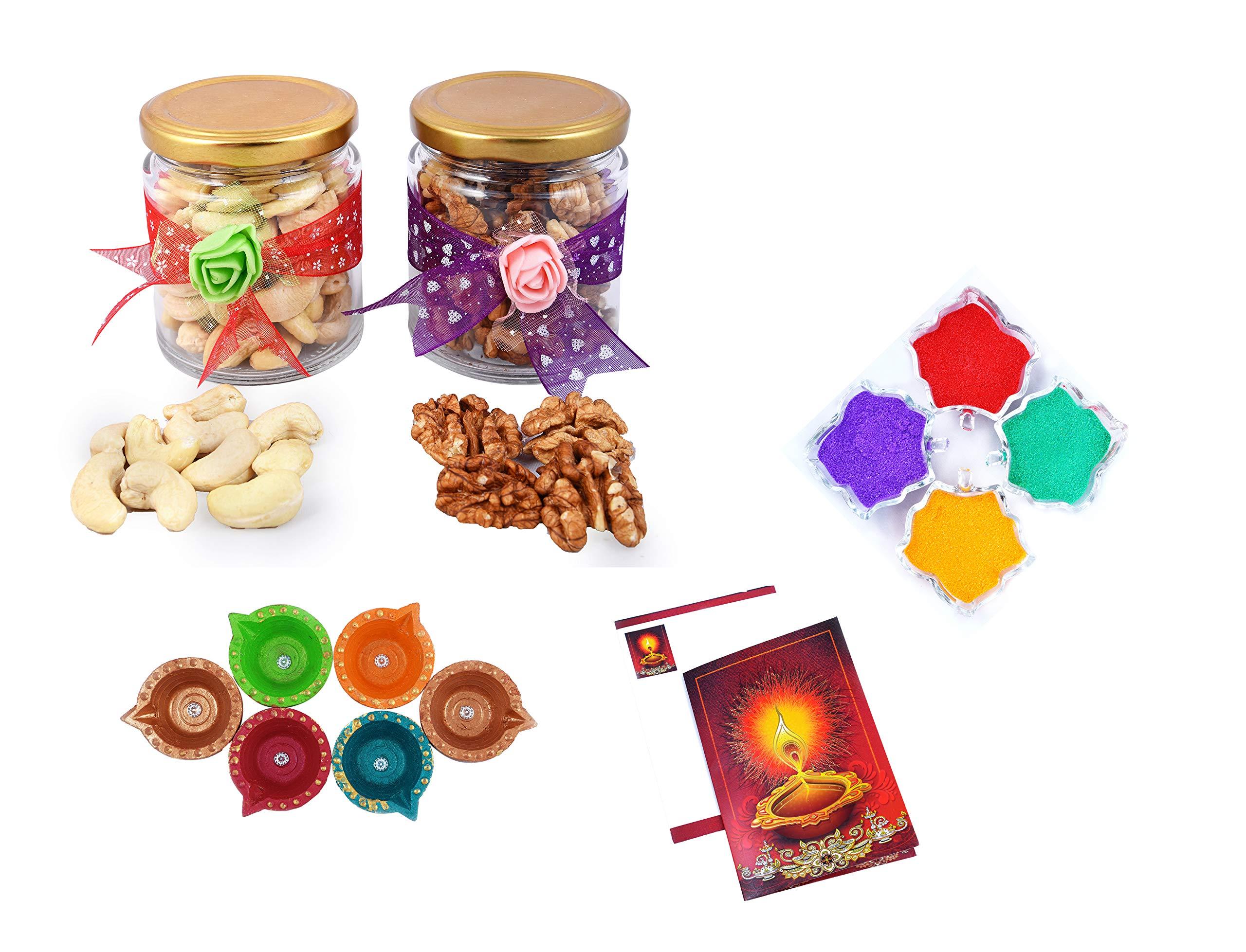 MANTOUSS MANTOUSS Diwali Dry Fruit Decorative Glass Jar-Cashew and Walnut(100gms Each),200 GMS + 2 Cute diyas, Rangoli Colours and Diwali Greeting
