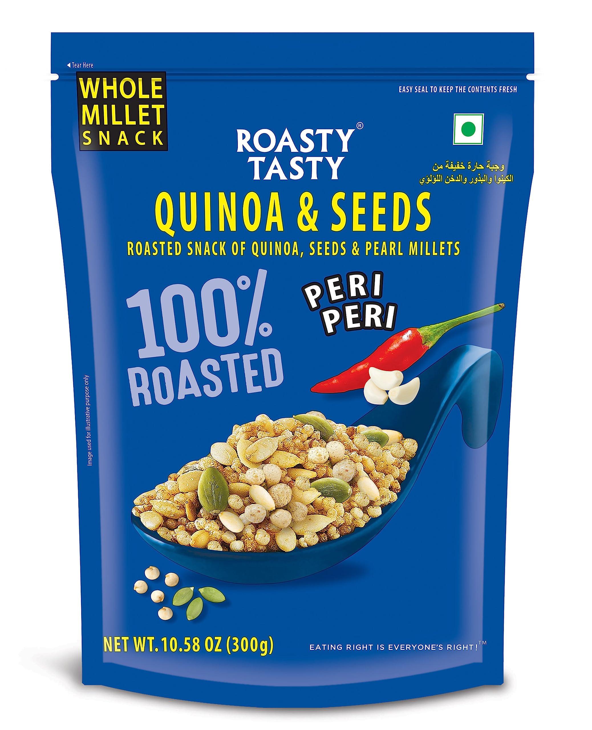 Roasty Tasty Roasty Tasty Quinoa & Seeds Peri Peri | Healthy Snacks | Roasted White Quinoa Puffs, Bajra & Seeds Mix | Rich in Protein for Adults & Kids | No Cholesterol, No Transfat | Diet Mixture | Peri Peri Masala | Gluten Free | Roasted Namkeen | 300g