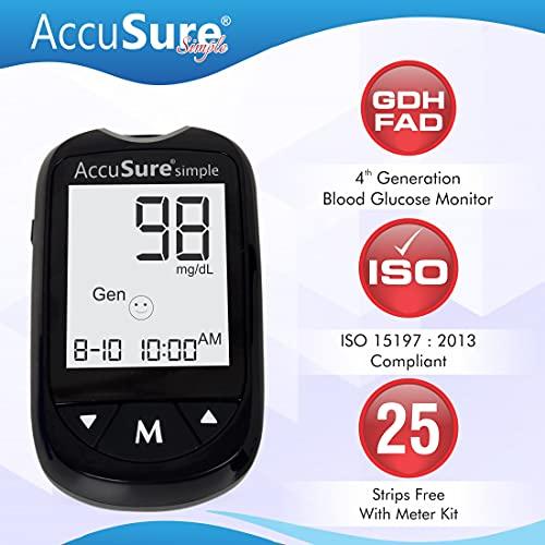 AccuSure AccuSure Instant Digital Simple Glucometer Kit | With 25 + 100(Additional) Strips,10 Lancet,1 Lancing device for Accurate Blood Glucose Sugar Testing Machine