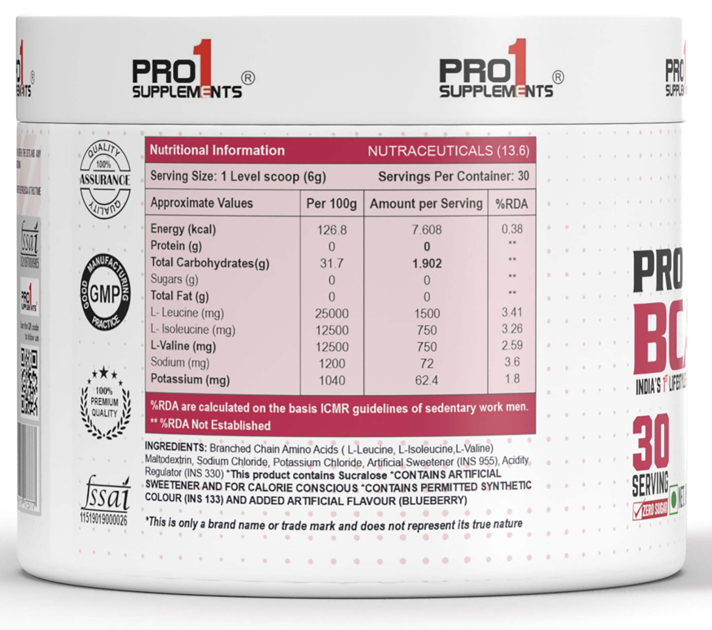 Pro1 Supplements Pro1 Supplements Pro BCAA Powder | bcaa Supplements for men & Women 180g - Blueberry Flavour