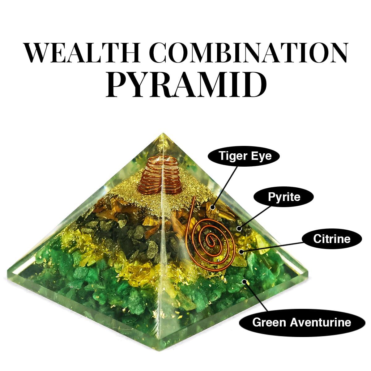Crystu Crystu Wealth Pyrite Citrine Green Aventurine Tiger Eye Orgone Orgonite Pyramid Crystal Stone for Reiki Healing 70 mm Approx