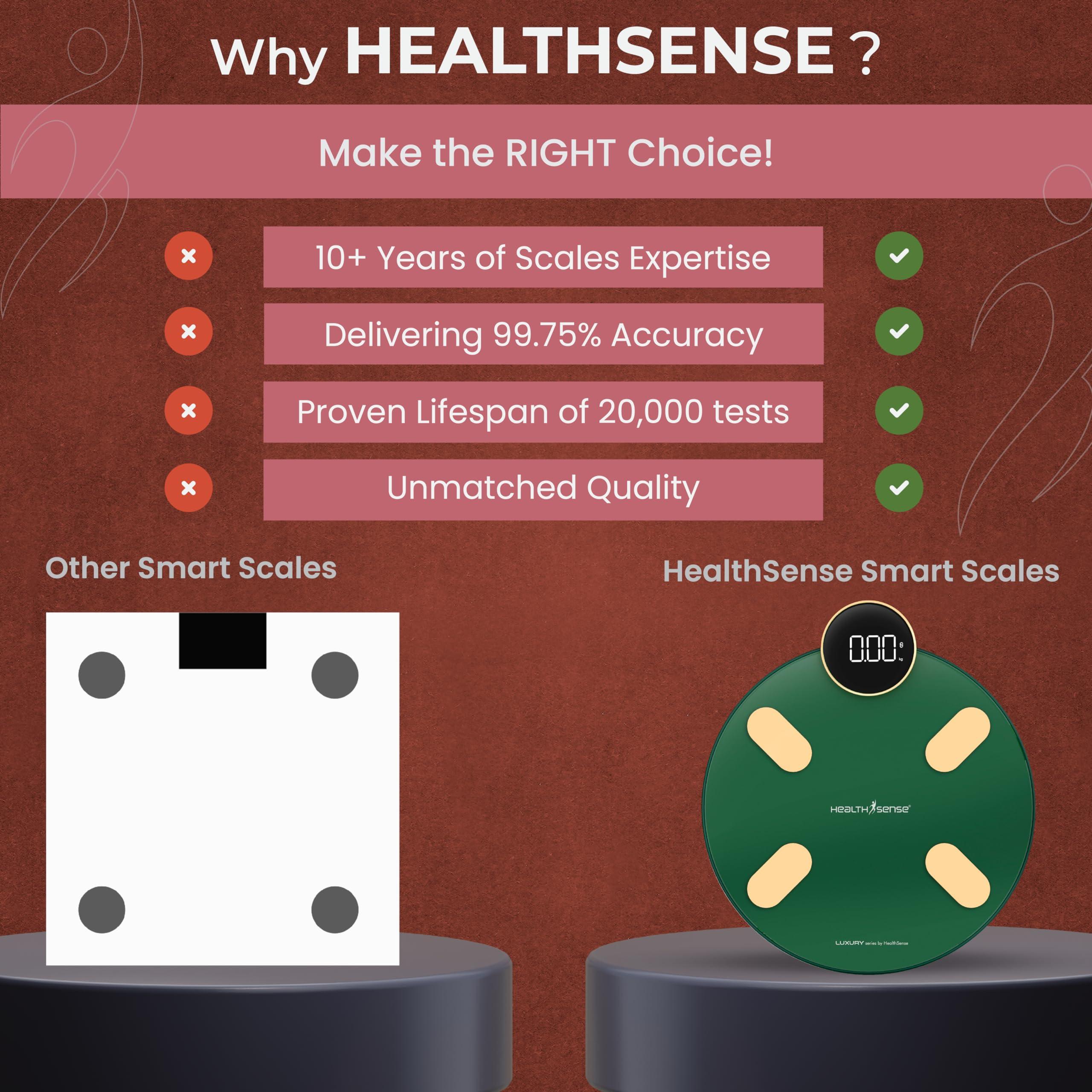 HealthSense HealthSense Bluetooth BMI Weight Machine for Body Weight, Digital Body Fat Analyzer Machine & Smart Body Composition Scale with Mobile App, 13 Body Composition, LED Display, BIA Technology & 1 Year Warranty S1 Luxury