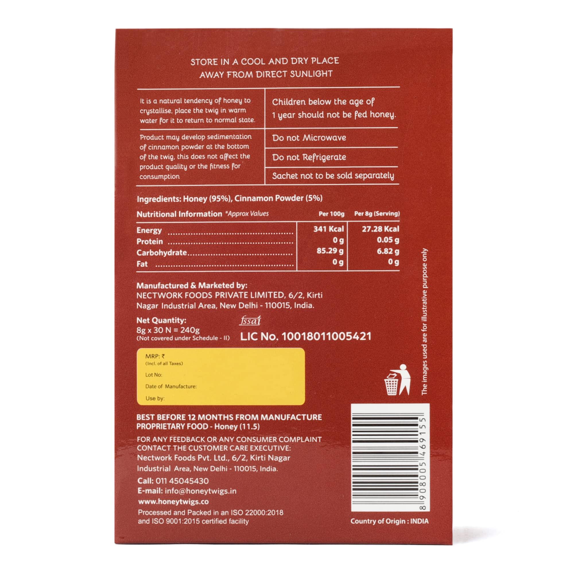 Honey Twigs Honey Twigs Cinnamon Infused Honey | Pure Honey, 240gms (30 Single Sachets) | Grade A Honey - Traceable Source | Zero Additives | Zero Added Sugar | Immunity Booster | Natural Flavour Honey