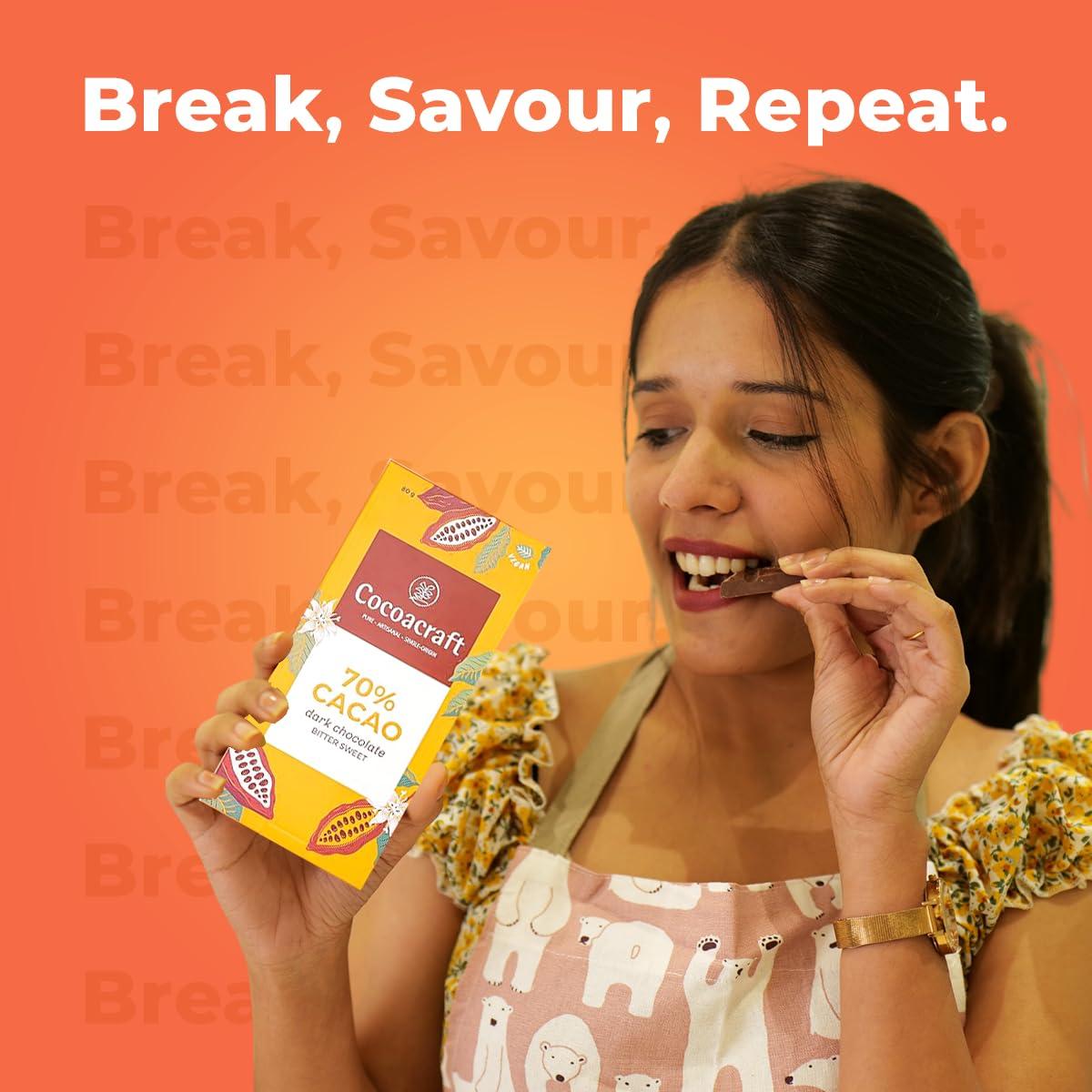 COCOACRAFT Cocoacraft 70% Bittersweet Chocolate Bar (80g) Dark Chocolate Bar| 100% Natural| Handmade Artisanal Couverture from Kerala| Ideal for Snacking and Gifting