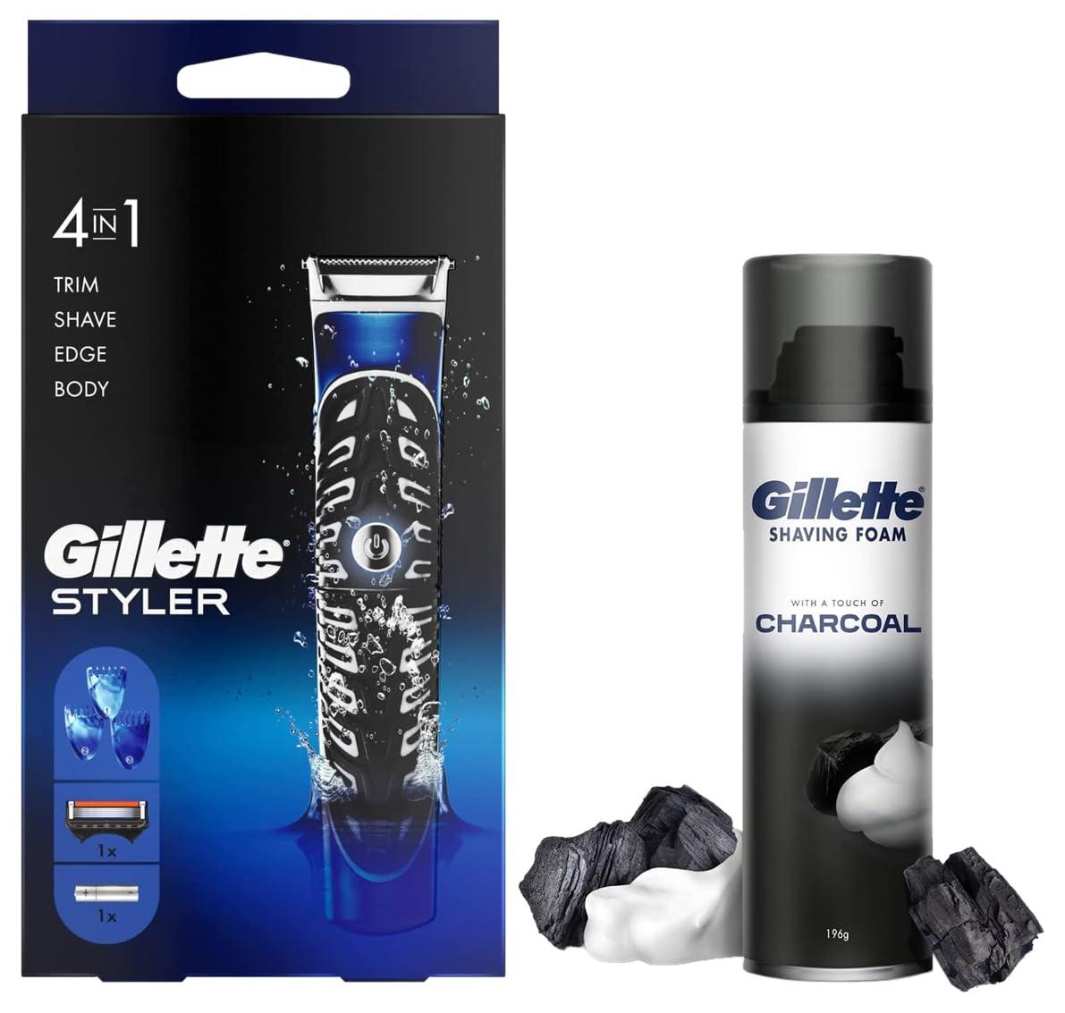 Gillette Gillette Fusion Proglide 4-in-1 Styler for Trimming | Shaving | Beard Edging | Body Hair Trimming & Gillette Pre Shave foam | Charcoal | 196 gm COMBO