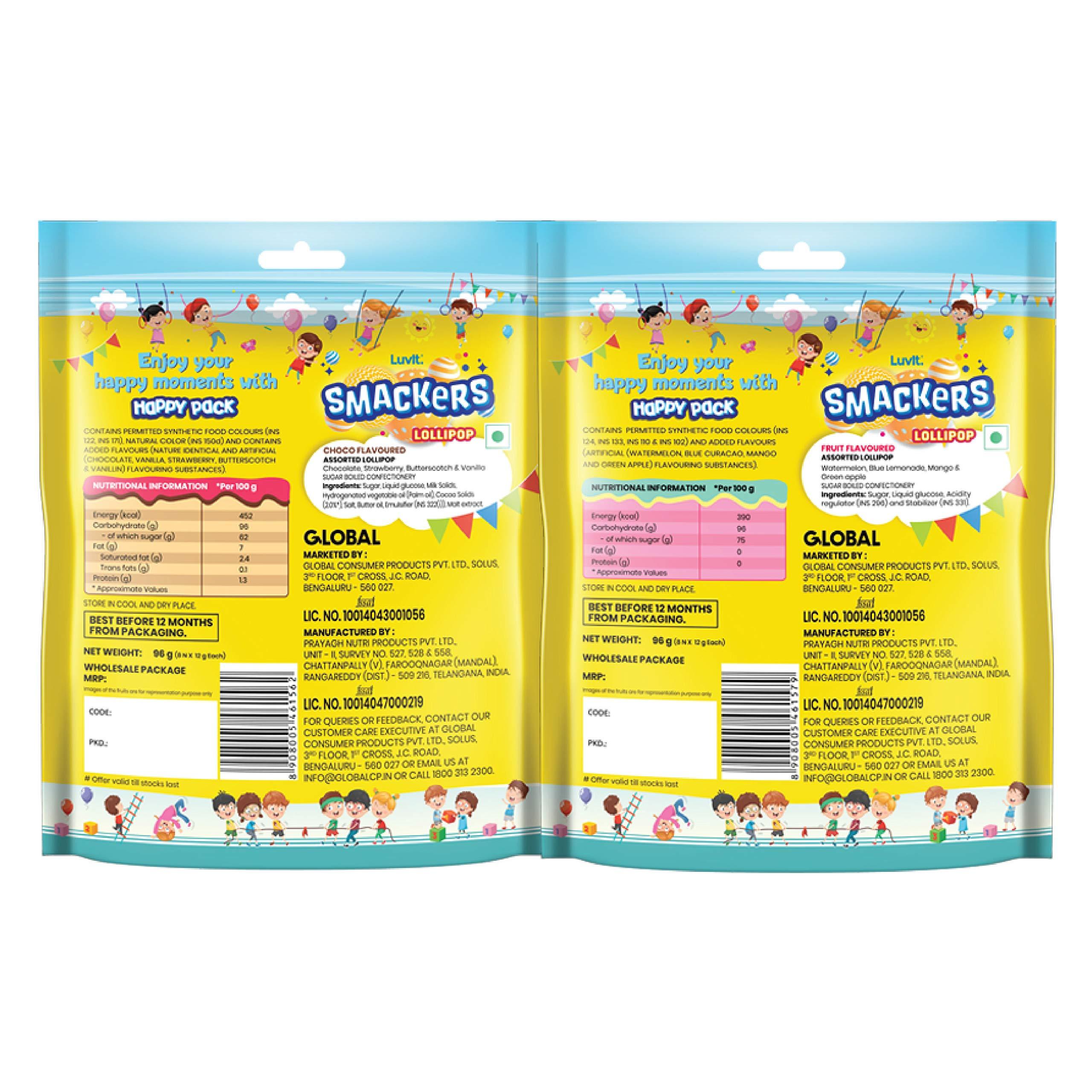 LuvIt. LuvIt. Smackers Fruit and Chocolate Flavoured Lollipops Pack Combo , 576g - Pack of 6