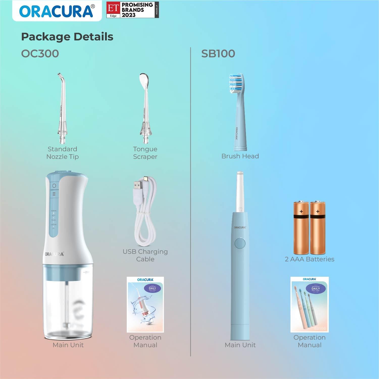 ORACURA ORACURA Daily Care Combo Black OC300 Smart Pro Water Flosser & Grey SB200 Sonic Lite Electric Rechargeable Toothbrush
