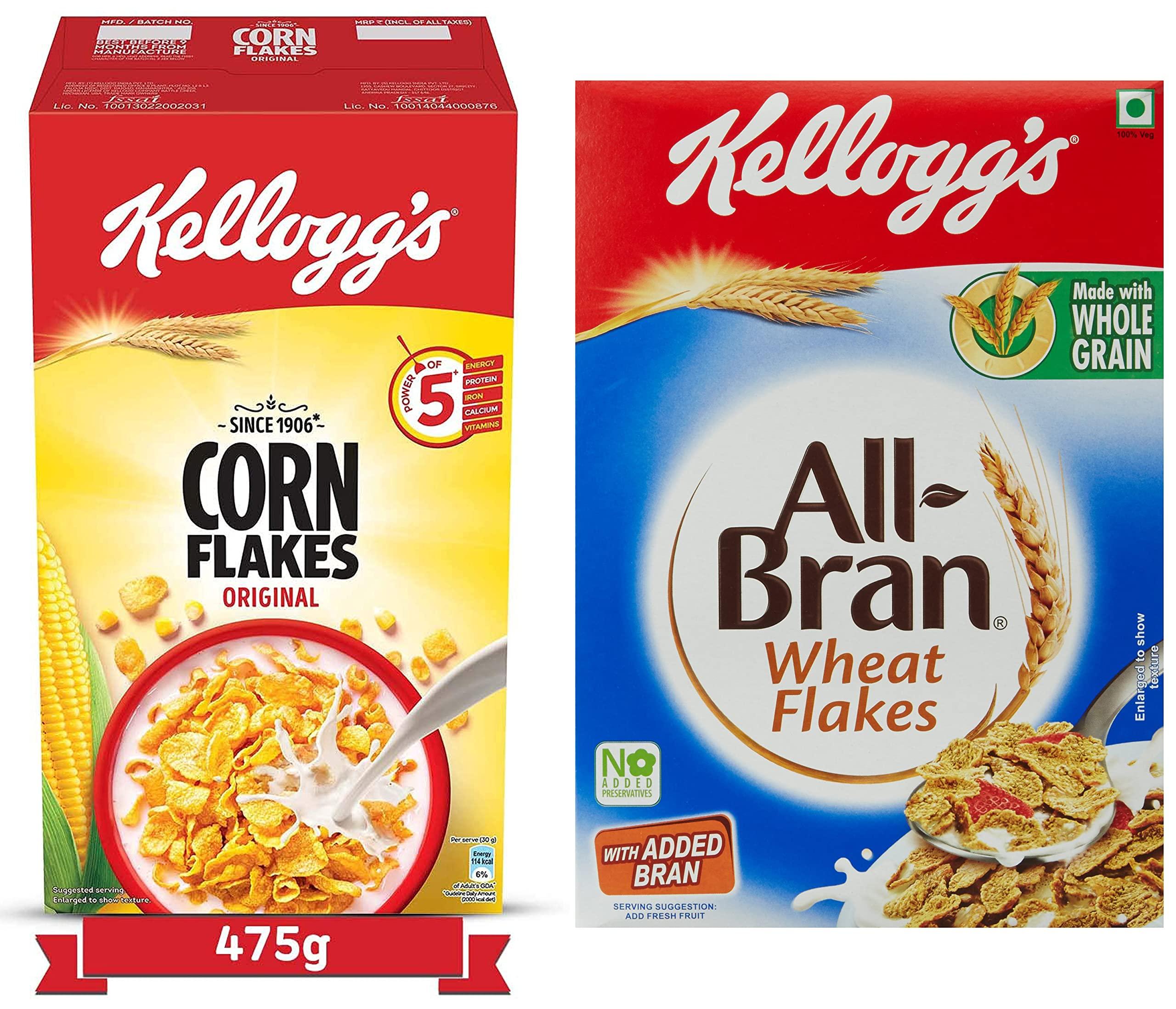 Kellogg\'s Kellogg\'s Corn Flakes Original, High in Iron, High in B Group Vitamins, Breakfast Cereals, 475g Pack & All Bran Wheat Flakes, 440g