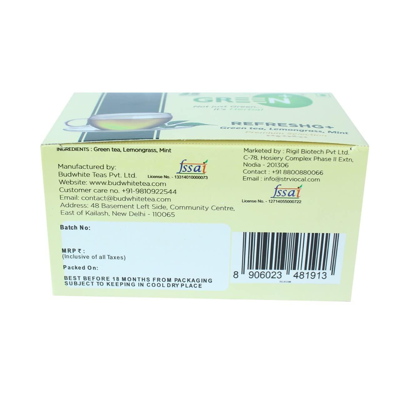 BUD WHITE TEA BUD WHITE TEA RefreshG+ Green Tea with Mint and Lemongrass,Green Tea Bags, (Pack of 3, 25 Tea Bags each)