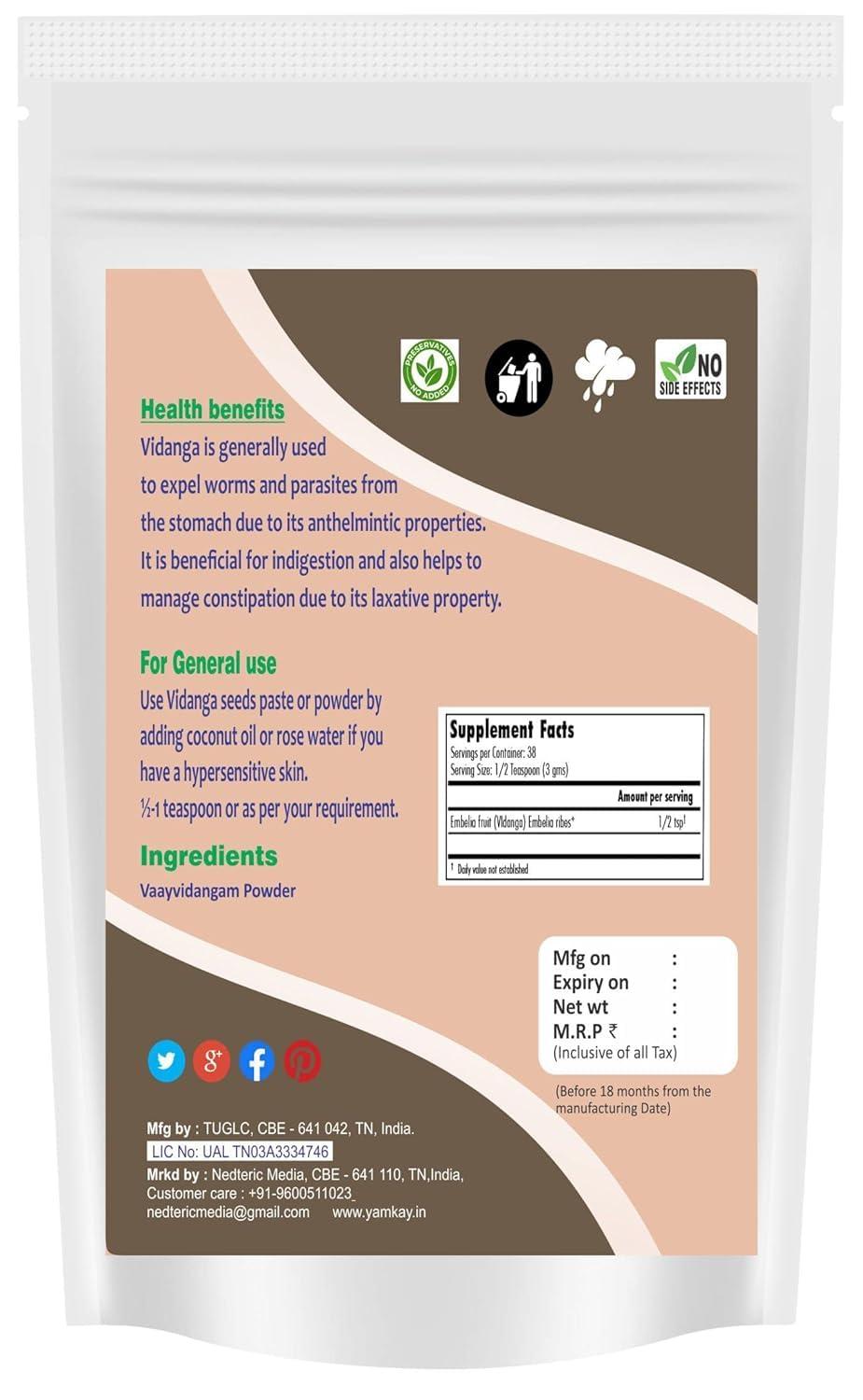 YAMKAY Yamkay Herbal Vaayvidangam | Vidanga | Vaviding Baividang | Embelica Ribes Powder | (500 GM)