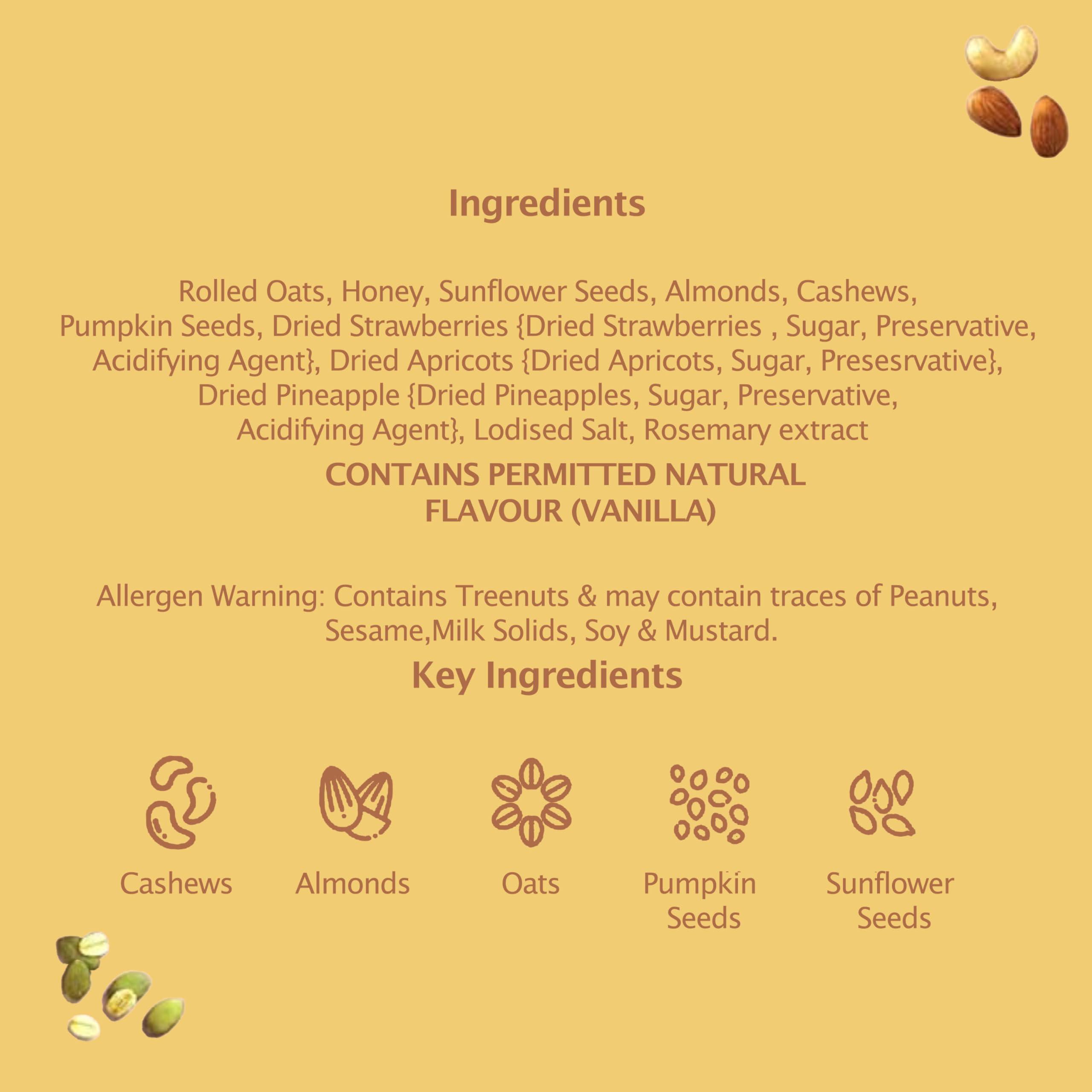 Munchilicious Granola Munchilicious Granola Breakfast Cereal Dried Fruits - 350gm | 82% Nuts, Seeds, Grains & Fruits | High in Protien & Fiber | Source of Omega | Oat Flakes | Ready To Eat Healthy Granola For Breakfast