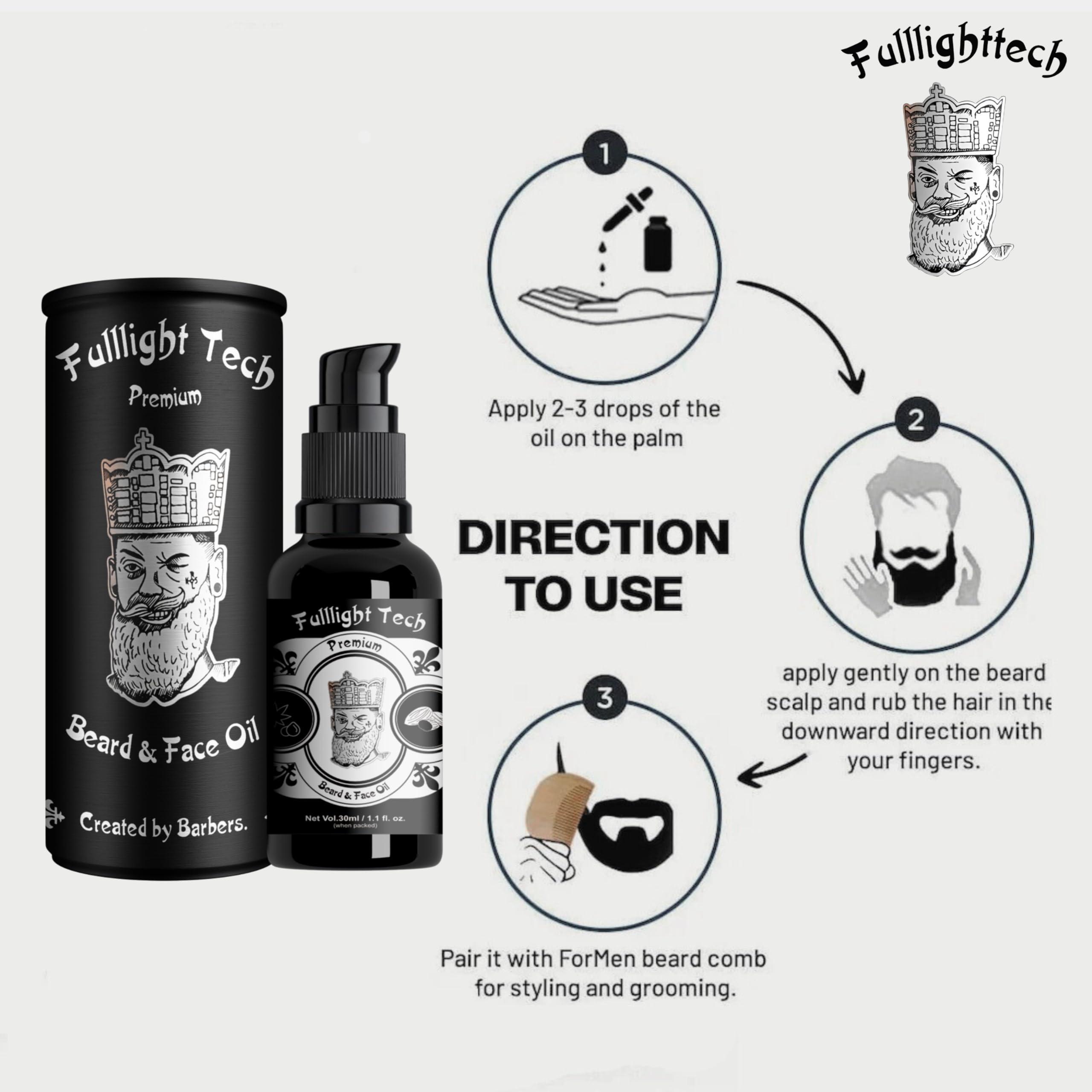 FULLLIGHT TECH Fulllight Tech Premium Beard Oil With New Avtar for Men, Fast Growth and Soft Beard, Natural Beard Growth Oil, Nourishes and Strengthens Uneven Patchy Beard Fix (Pack of 1, 30ml)