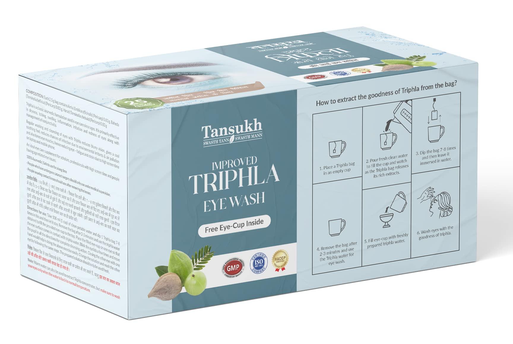 TANSUKH Tansukh Improved Triphala Eye Wash With 30 Instant Dip-Dip Bags/With Free Plastic Transparent Eye Wash Cup/Fits With Eye Contour Smoothly/For Tired Polluted And Eye Irritation Herbal Remedy