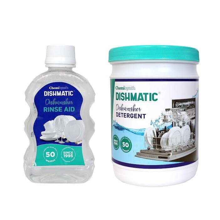 Dishmatic Dishmatic Dishwasher Detergent Powder and Rinse Aid Liquid (1kg + 250 ml) Combo Pack for Sparkling Clean Dishes | Compatible with All Dishwashing Machines