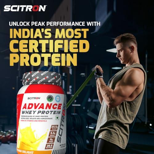 SCITRON Scitron Advance Whey Protein 1Kg Mango Delight (28.5 Servings, 25.5g Protein, 5.5g BCAAs, 0g Sugar, 20 Vitamins & Minerals) Certified by Labdoor, USA | Sourced from Glanbia Nutrition | Certified by Informed Choice