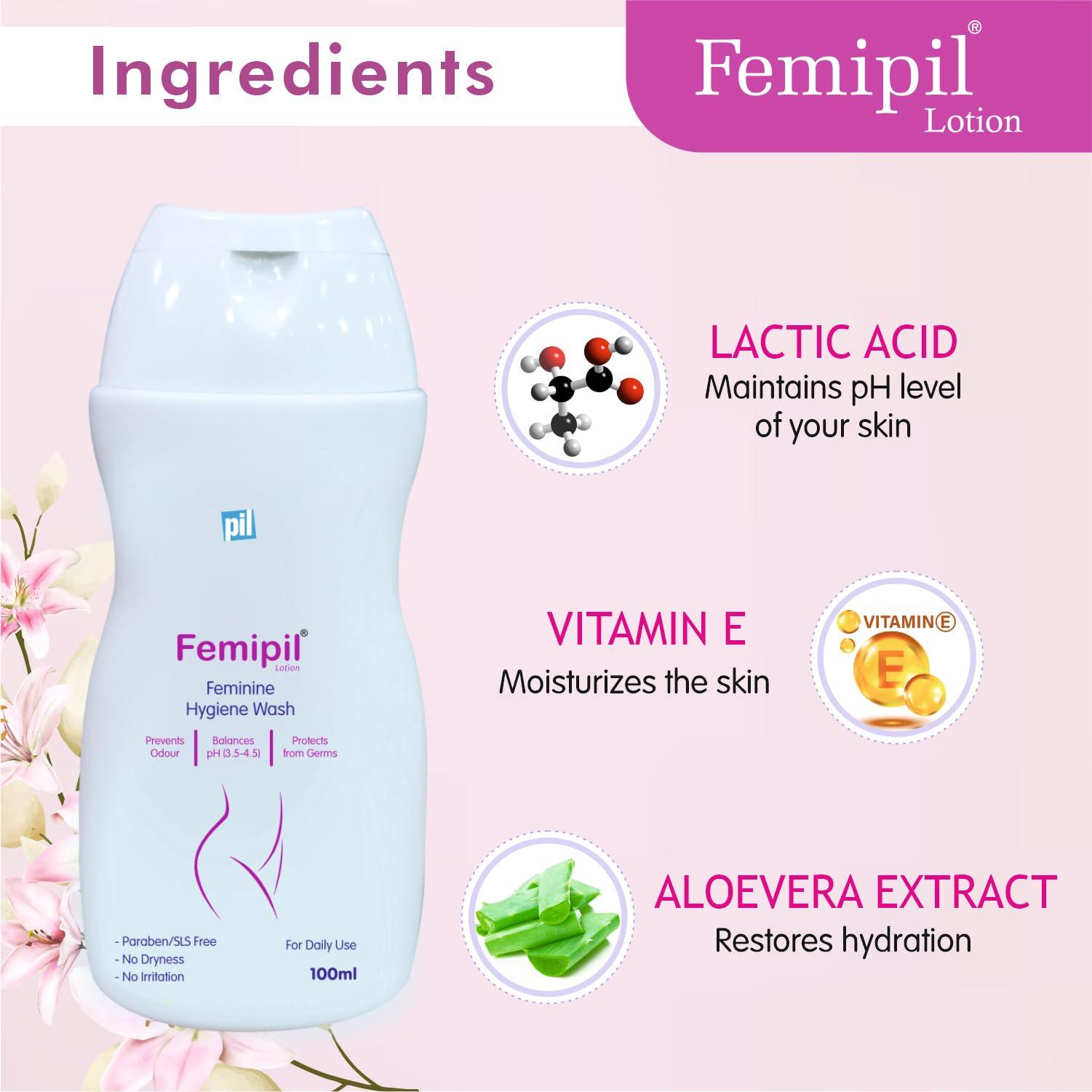 pil Pil Femipil Lotion | Intimate Wash for Women (100ml,Pack of 2) | Enriched with Vitamin E, Aloevera Extracts & Lactic Acid | Prevents Dryness, Itchiness & Irritation