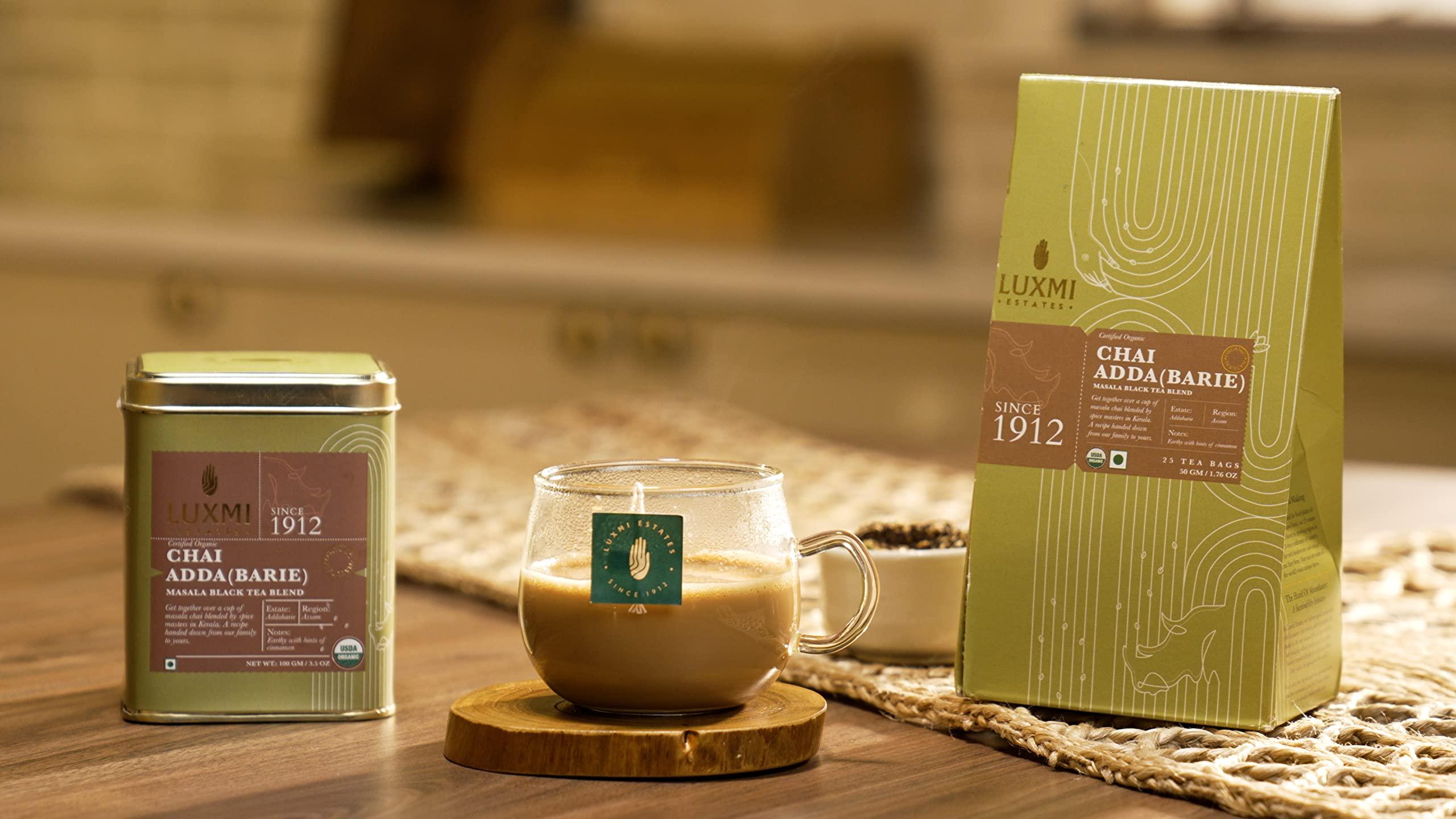 LUXMI LUXMI Estates Masala Chai Powder 100Gm Pack | Chai Adda-Bari | Organic Black Tea | Strong, Robust & Aromatic Masala Chai | Indian Spice Chai Enriched With Cinnamon & Cardamom | Energy Booster