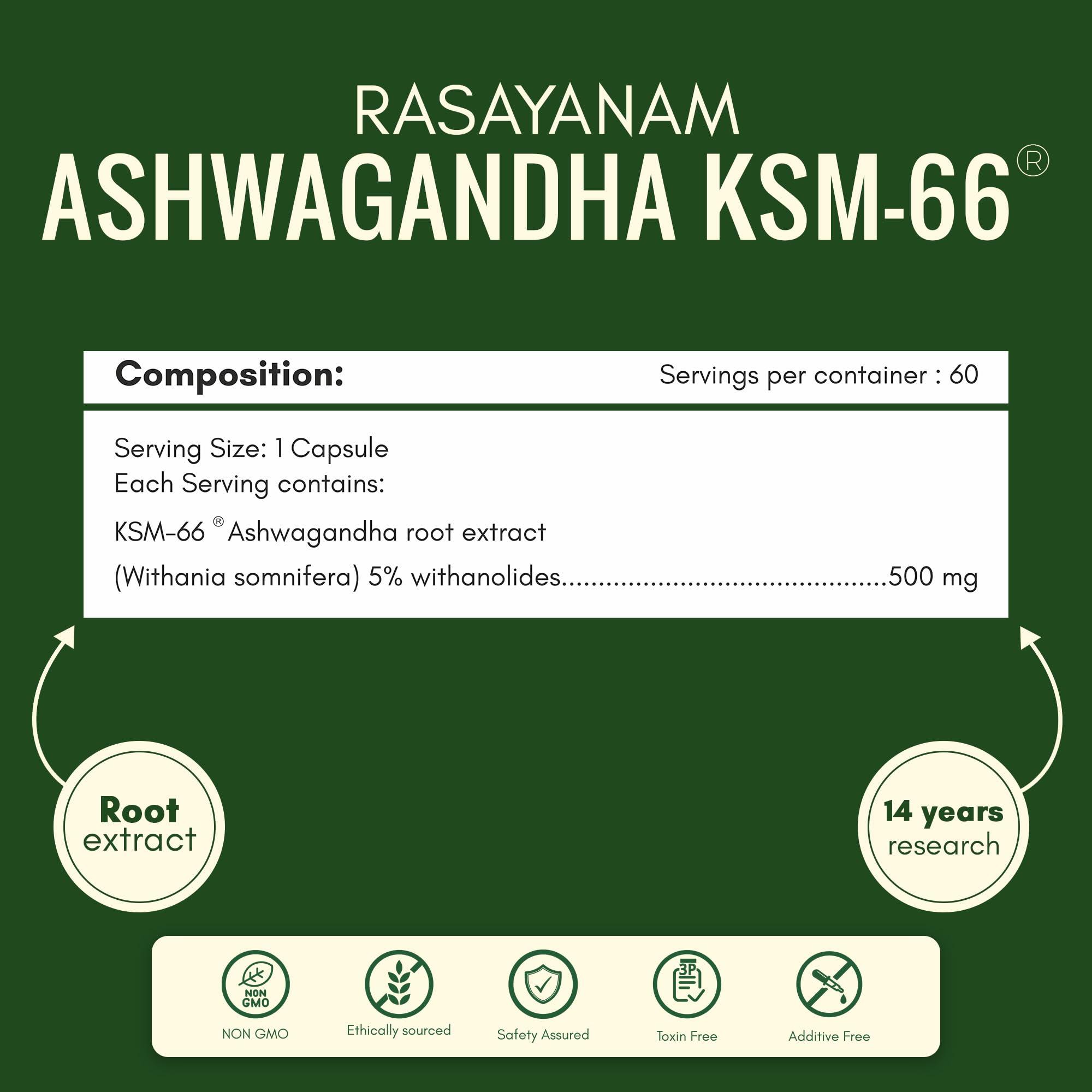 Rasayanam Rasayanam Ashwagandha Ksm-66 (500 Mg) Pack Of 2 Extra Strength Natural Formulation Support Strength & Energy Withania Somnifera Extract, capsule
